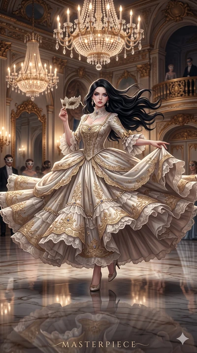 score_9, score_8_up, score_7_up, source_anime, masterpiece, best quality, ultra-detailed, same character with long flowing black hair, wearing an extravagant rococo-style masquerade ball dress with lace details, full body shot dancing a waltz mid-spi