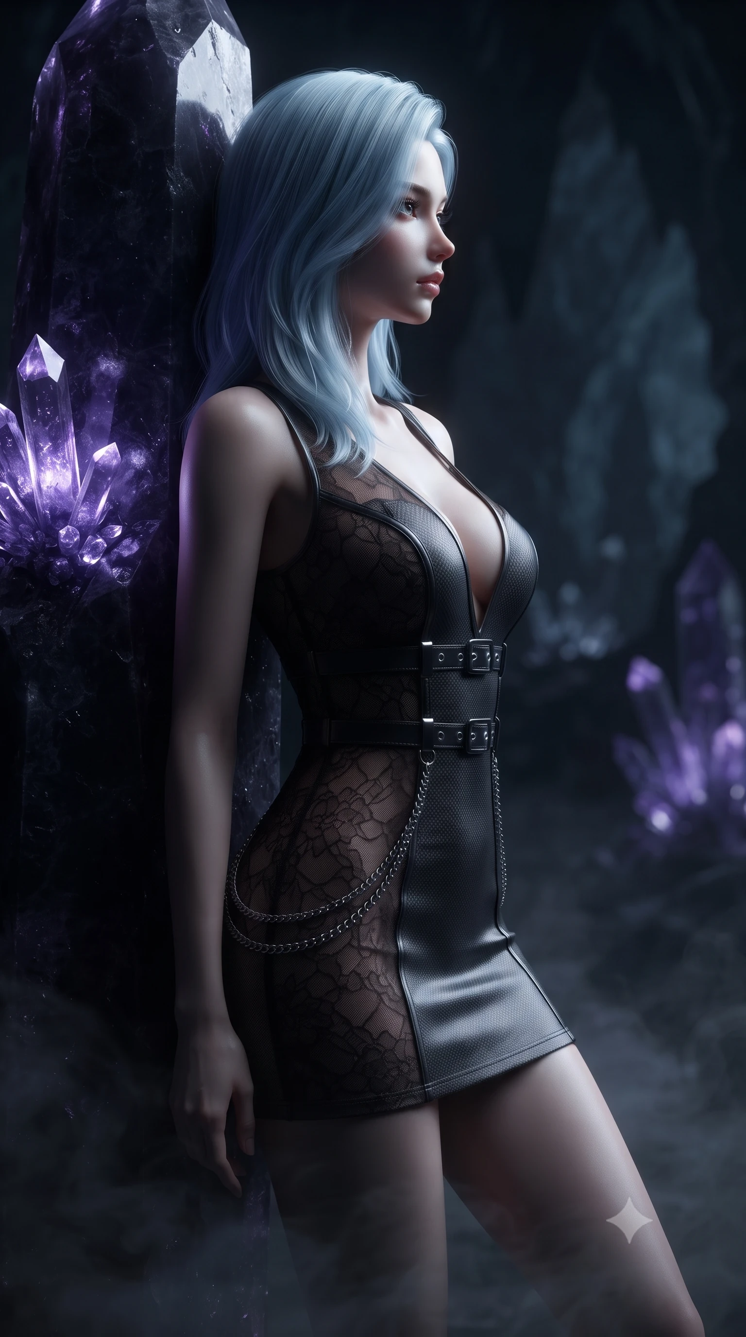 score_9, masterpiece, best quality, ultra-detailed, high-budget anime keyframe, editorial fashion photography, tasteful artistic composition, Korean woman. close-up cowboy shot from the waist and thighs up, the character dominates the composition, filling the frame with her large presence, background elements kept in soft focus. Turning her face in sharp dramatic profile against the moody key light, resting against a colossal dark crystal monolith in a silent pitch-black cavern, deep shadow mist swirling slowly around her statuesque legs. She has an exceptionally elegant, slender, and willowy female figure with an ultra-slim waist, a gracefully sculpted slender torso, and a refined silhouette. sharp v-shaped jawline, high-bridge nose, intricate jewel-like eyes with depth, thick eyelashes, glossy lips with a natural sheen. wearing deep V-neck corset bodice mini dress with sheer dark lace panels in smoky pitch black, made of matte carbon-fiber weave, framed by dark titanium buckles and silver chain details, the fitted fabric emphasizing her ultra-slim waist. illuminated by bioluminescent dark violet crystal glow piercing deep abyssal shadows. ultra-reflective glossy finish, specular highlights, metallic sheen, high-contrast stereoscopic depth, volumetric dynamic lighting, 2k, ultra detail, master piece, 9:16 ratio
