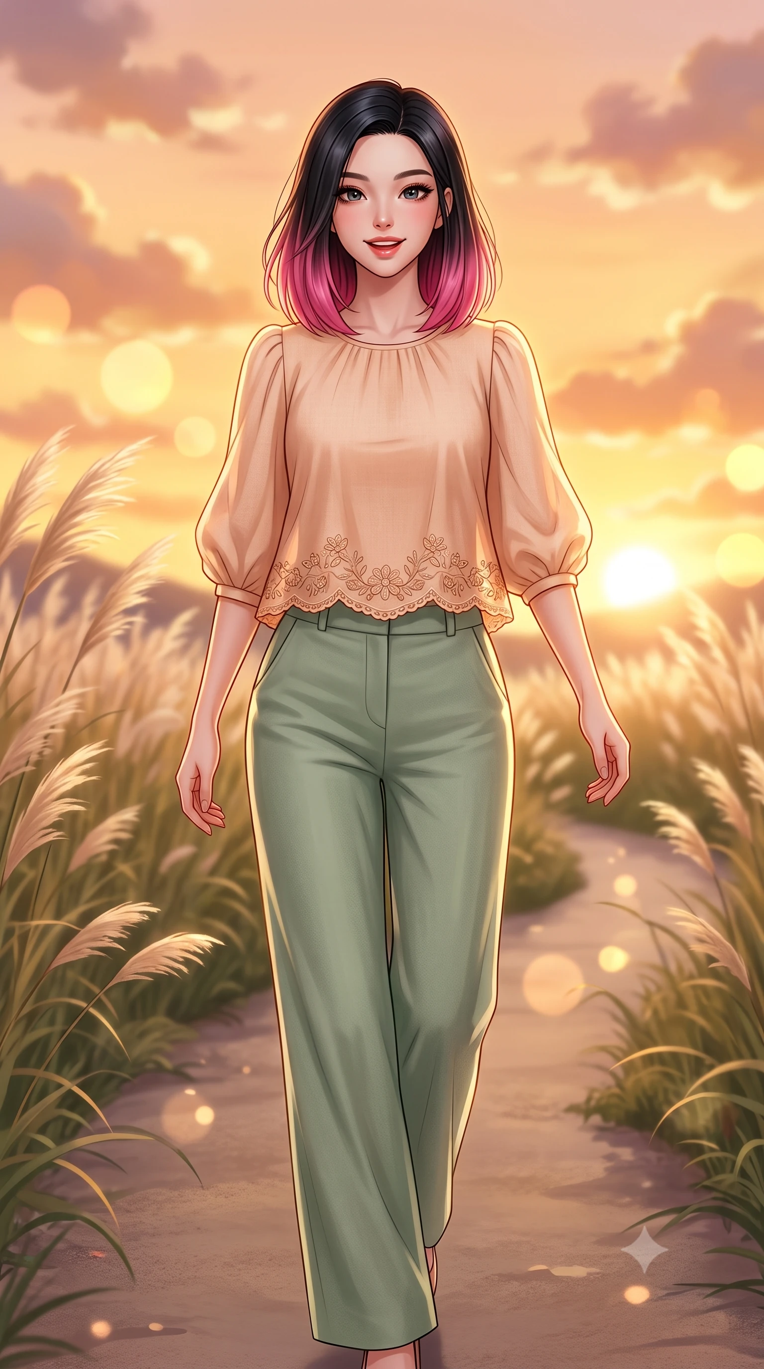 score_9, masterpiece, best quality, ultra-detailed, high-budget anime keyframe, editorial fashion photography, tasteful artistic composition, Korean woman. close-up cowboy shot from the waist and thighs up, the character dominates the composition, filling the frame with her large presence. Playful cute expression with a warm smile and parted lips, looking right into the camera with vibrant energy while walking cheerfully along a park pathway bordered by swaying pampas grass as sunset light paints the sky. The composition keeps background elements in soft focus with dreamy bokeh. swaying pampas grass and glowing sunset clouds softened in a dreamy background focus. She has an exceptionally elegant, slender, and willowy female figure with an ultra-slim waist, a gracefully sculpted slender torso, and a refined silhouette. sharp v-shaped jawline, high-bridge nose, intricate jewel-like eyes with depth, thick eyelashes, glossy lips with a natural sheen, flawlessly proportioned anatomical accuracy, natural body alignment, perfectly sculpted elegant limbs, clean dynamic posture without body distortion. wearing an elegant pastel linen blouse with puff sleeves and high-waisted wide-leg trousers in warm apricot and sage green, knitted from soft cozy cashmere yarn, complemented by delicate embroidered floral trim along the hem, the relaxed yet flattering fit accentuating her naturally graceful and slender figure. illuminated by soft glowing sunset reflections with cheerful golden rim lights. highly saturated vibrant anime colors, detailed shading with soft gradients, rich glossy textures, high-contrast stereoscopic depth, volumetric dynamic lighting, master piece, 9:16 ratio