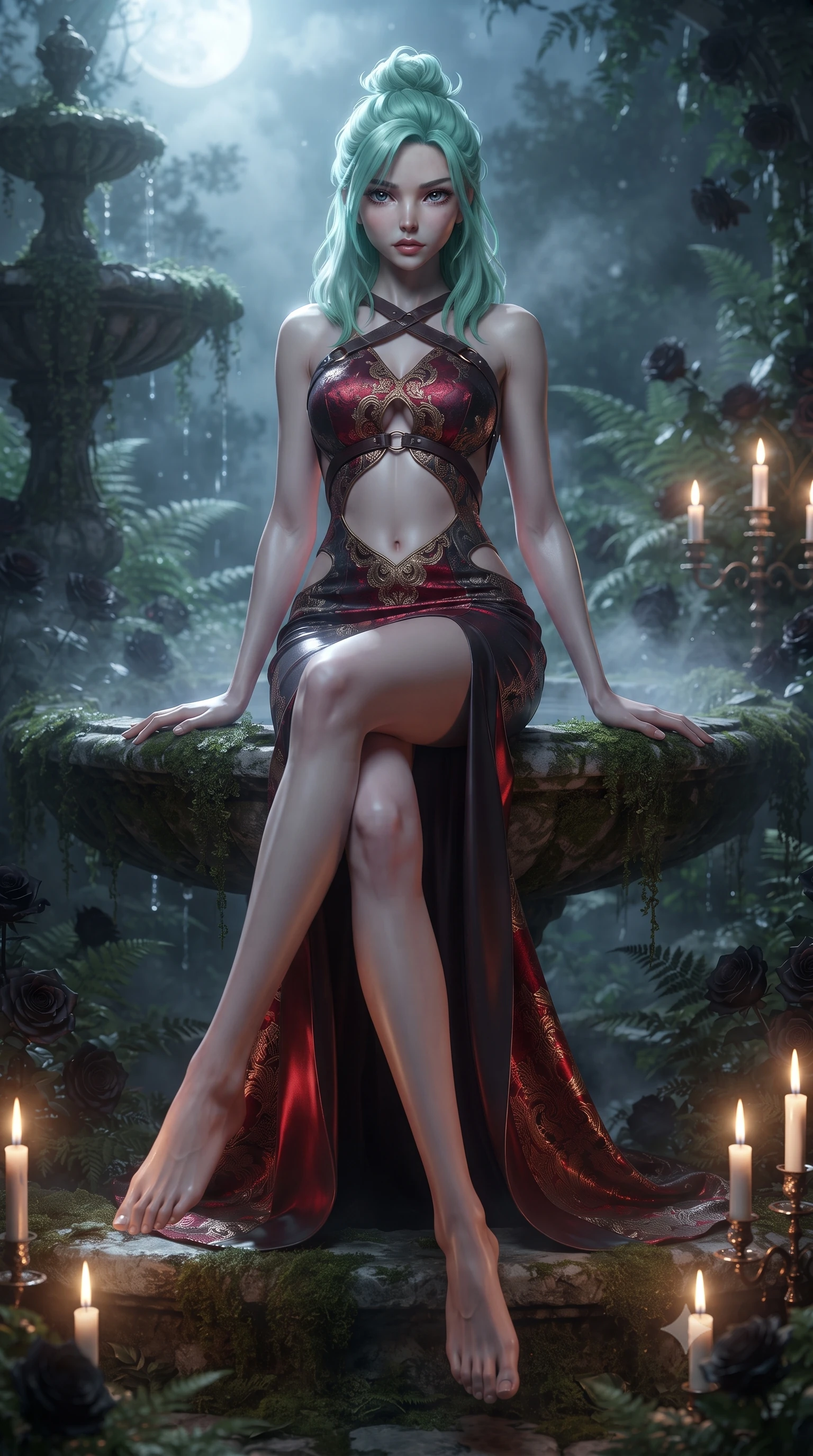 score_9, masterpiece, best quality, ultra-detailed, high-budget anime keyframe, editorial fashion photography, tasteful artistic composition, Japanese woman. low angle full-body shot from head to toe showing her feet, filling the entire 9:16 vertical frame with her statuesque presence, stretching her vertical silhouette. sitting poised on the elevated edge with legs crossed and extended, her tall 8.5-heads proportions dominating the scene with effortless poise while gliding between whispering ferns and overgrown black roses, her smoldering gaze locking onto the viewer with intoxicating allure. The composition keeps background elements in soft focus with creamy bokeh. flickering antique candelabras and swirling garden mist softened in dreamy romantic shallow focus. She has an absolutely perfect, statuesque 8.5-heads proportion, an exceptionally tall and slender model-like female figure with impossibly long slender legs, a toned flat midriff, and an ultra-slim waist. sharp v-shaped jawline, high-bridge nose, intricate jewel-like eyes with depth, thick eyelashes, glossy parted lips with a natural sheen, intensely captivating and seductive expression, flawlessly proportioned anatomical accuracy, strict slender model proportions, natural body alignment, perfectly sculpted long slender limbs, ultra-slim waistline, clean dynamic posture without body distortion. wearing a sculptured liquid-satin mermaid gown with an architectural open-waist cutout and bare spine in rich ruby red and dark smoky charcoal, made of rich textured jacquard silk with baroque gold thread, featuring an open-back criss-cross harness strap in dark leather, the precision-cut daring openings accentuating her delicate midriff, graceful bare collarbones, and ultra-slim feminine waistline. bathed in cold lunar moonlight from above and warm flickering candle uplights from below. ultra-reflective glossy finish, specular highlights, rich textural contrasts, high-contrast stereoscopic depth, volumetric dynamic lighting, 2k, ultra detail, master piece, 9:16 ratio