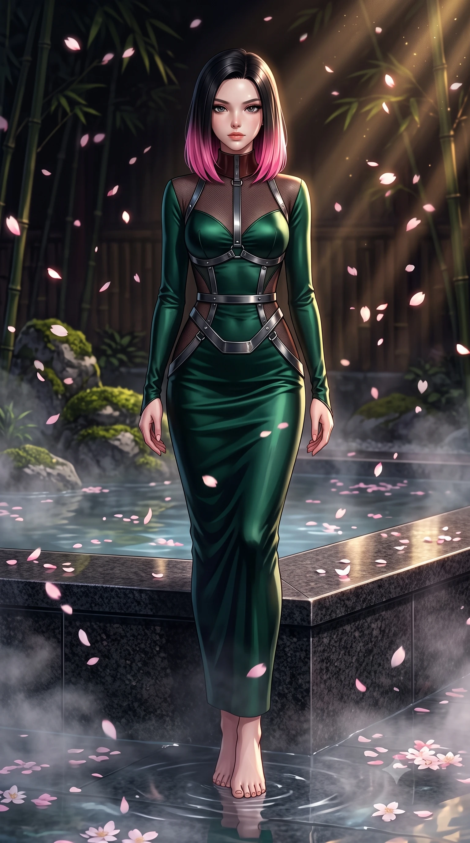 score_9, masterpiece, best quality, ultra-detailed, high-budget anime keyframe, editorial fashion photography, tasteful artistic composition, Korean woman. low angle full-body shot from head to toe showing her feet, filling the entire 9:16 vertical frame with her statuesque presence, stretching her vertical silhouette. forging confidently through the floating mist, holding a poised statuesque stance, resting against a smooth black granite pool ledge under falling cherry blossom petals, dewy natural skin finish with glossy lips and thick eyelashes. She has an absolutely perfect, statuesque 8.5-heads proportion, an exceptionally tall and slender model-like female figure with impossibly long slender legs and an ultra-slim waist. sharp v-shaped jawline, high-bridge nose, intricate jewel-like eyes with depth, thick eyelashes, glossy lips with a natural sheen. wearing long-sleeved dark emerald satin gown with high structured collar in dark mahogany, made of fine dark contouring mesh, highlighted by a gunmetal metallic harness structure, accentuating her gracefully sculpted slender torso. lit by low-key golden rays piercing through dark bamboo shadows. highly saturated vibrant anime colors, detailed shading with soft gradients, rich glossy textures, high-contrast stereoscopic depth, volumetric dynamic lighting, master piece, 9:16 ratio