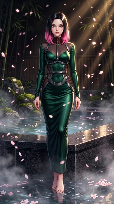 score_9, masterpiece, best quality, ultra-detailed, high-budget anime keyframe, editorial fashion photography, tasteful artistic composition, Korean woman. low angle full-body shot from head to toe showing her feet, filling the entire 9:16 vertical f