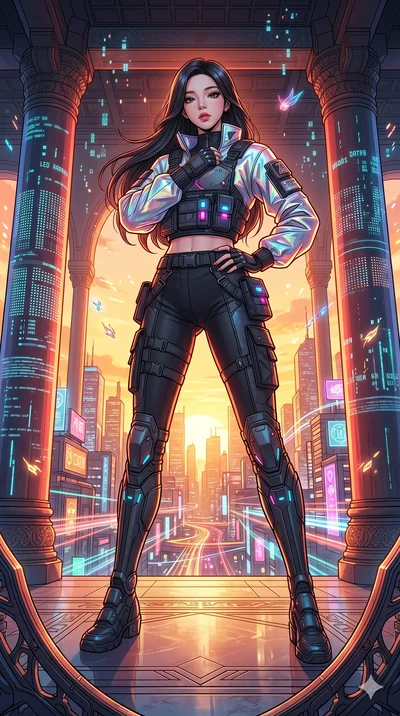 score_9, masterpiece, best quality, ultra-detailed, high-budget anime movie keyframe, cinematic anime lighting, intricate line art, Korean woman. Low angle cowboy shot filling the entire 9:16 frame with her statuesque presence. standing victoriously 