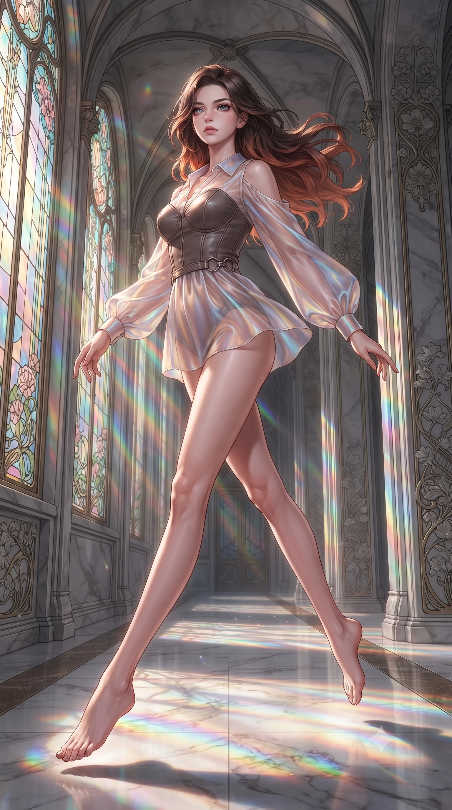 score_9, masterpiece, best quality, ultra-detailed, high-budget anime keyframe, editorial fashion photography, tasteful artistic composition, Korean woman. low angle full-body shot from head to toe showing her feet, filling the entire 9:16 vertical frame with her statuesque presence, stretching her vertical silhouette. leaping gracefully through the environment with statuesque elegance and long slender legs walking down a polished marble nave lined with tall stained glass arcades, intricate floral Art Nouveau motifs decorating the surrounding stone. She has an absolutely perfect, statuesque 8.5-heads proportion, an exceptionally tall and slender model-like female figure with impossibly long slender legs and an ultra-slim waist. sharp v-shaped jawline, high-bridge nose, intricate jewel-like eyes with depth, thick eyelashes, glossy lips with a natural sheen. wearing a tailored leather bustier over a sheer silk chiffon blouse in muted taupe and soft ivory, crafted from iridescent chiffon that shifts colors in the light, accented with delicate chrome ring hardware framing her waist, the elegant draped fit framing her graceful clavicle and slender torso. bathed in cascading rainbow prismatic light refracting through stained glass. ultra-reflective glossy finish, specular highlights, metallic sheen, high-contrast stereoscopic depth, volumetric dynamic lighting, 2k, ultra detail, master piece, 9:16 ratio