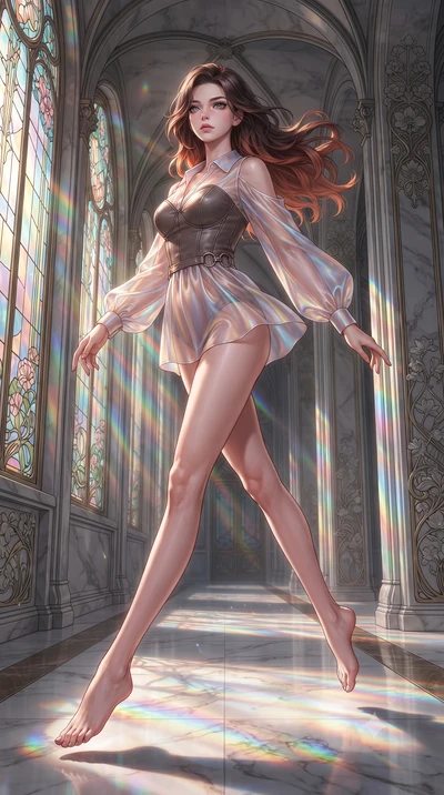 score_9, masterpiece, best quality, ultra-detailed, high-budget anime keyframe, editorial fashion photography, tasteful artistic composition, Korean woman. low angle full-body shot from head to toe showing her feet, filling the entire 9:16 vertical f