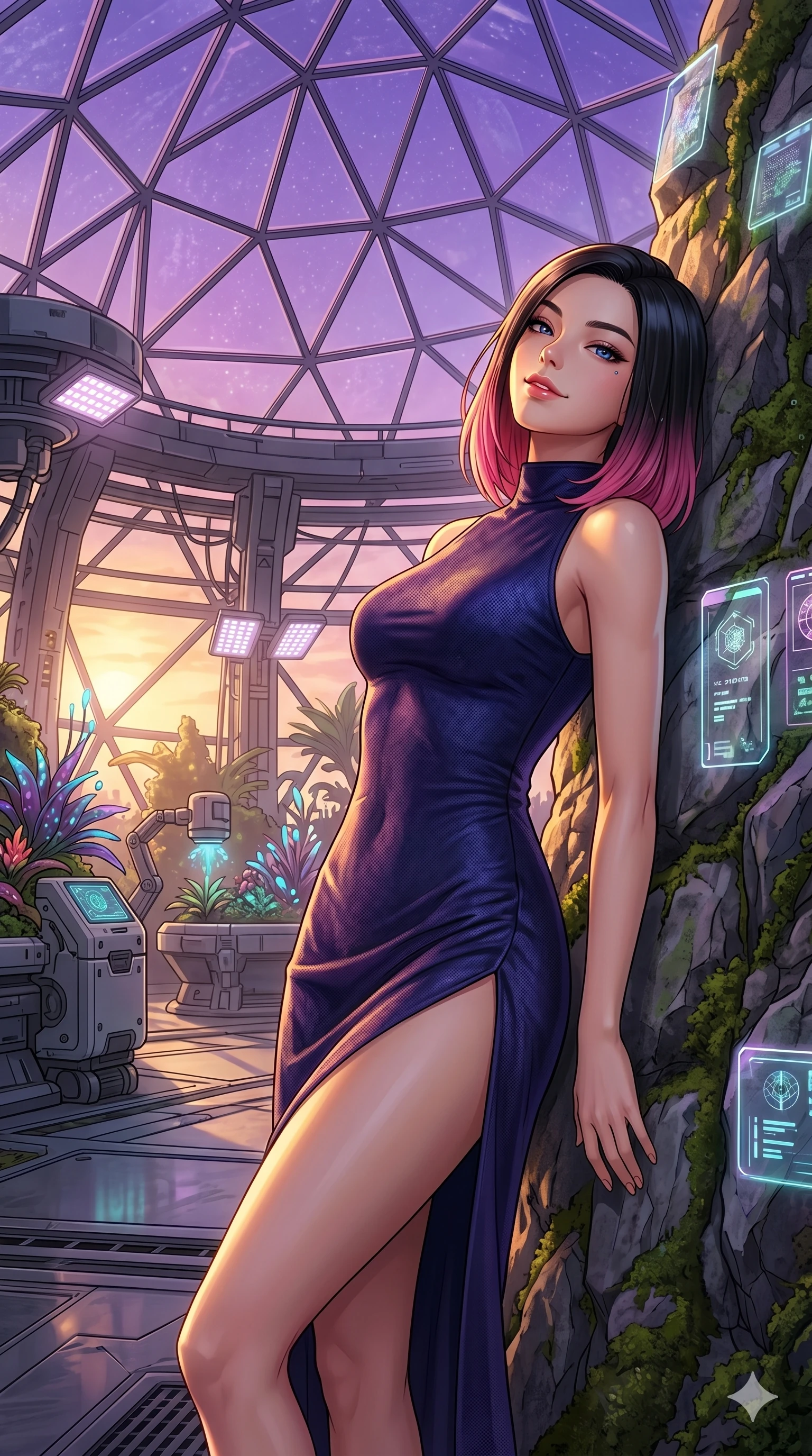 score_9, masterpiece, best quality, ultra-detailed, high-budget anime keyframe, editorial fashion photography, tasteful artistic composition, Korean woman. cowboy shot from the thighs up, character and outfit filling the frame for maximum editorial presence. leaning back against the rock face, tilting her head back with a playful, composed, magnetic smile in a futuristic greenhouse under a purple glass dome (Code-P17-095). She has an absolutely perfect 8-heads proportion, an exceptionally tall and slender female figure with impossibly long slender legs and an ultra-slim waist. V-shaped jawline, high-bridge nose, intricate jewel-like eyes with depth, thick eyelashes, glossy lips with a natural sheen. wearing a bodycon dress with a elegant neck and a elegant slit skirt. bathed in warm golden hour sunset light, tracing the sleek contours of her athletic build. 2k, ultra detail, master piece, 9:16 ratio