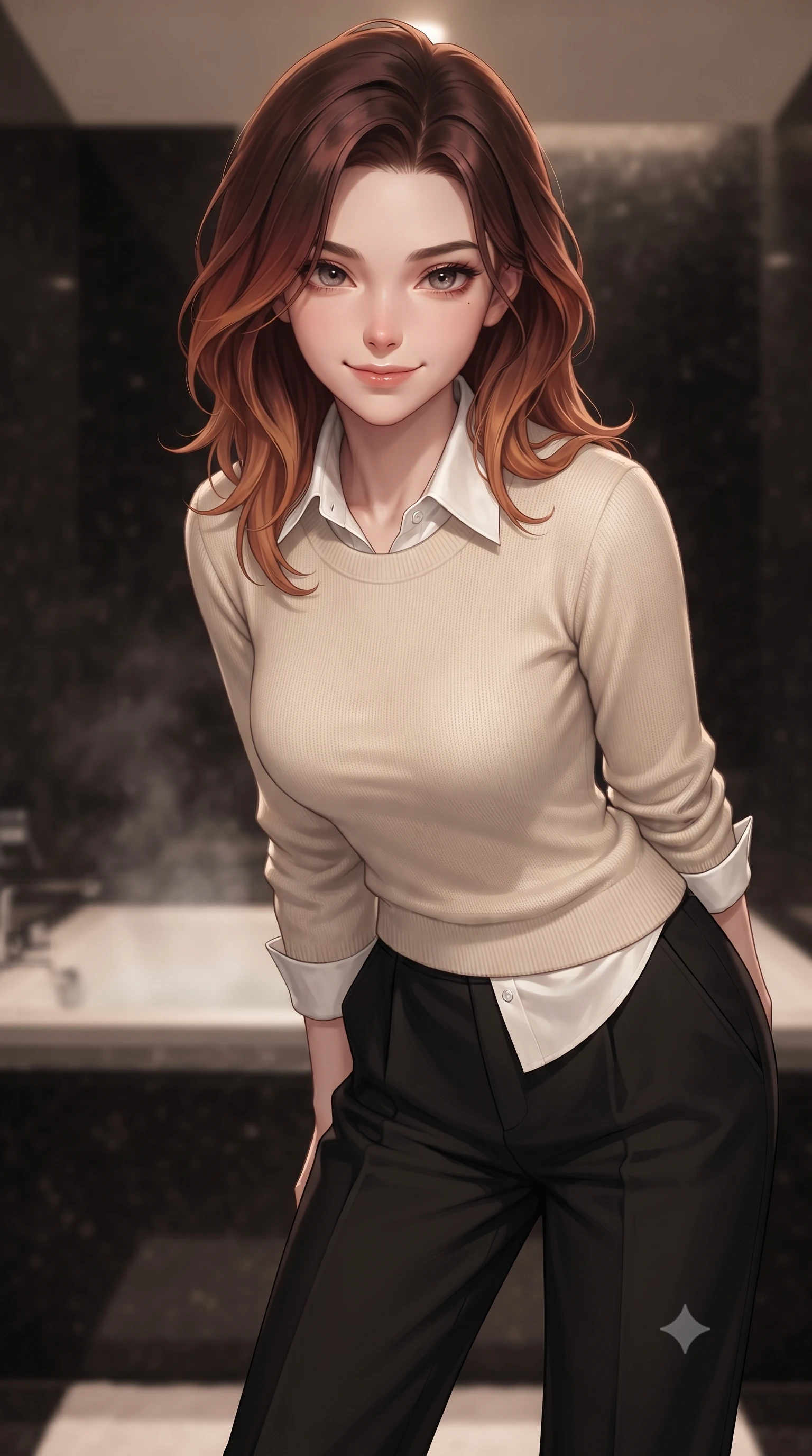 score_9, masterpiece, best quality, ultra-detailed, high-budget anime keyframe, editorial fashion photography, tasteful artistic composition, Korean woman. close-up cowboy shot from the waist and thighs up, the character dominates the composition, filling the frame with her large presence, background elements kept in soft focus. leaning slightly forward with a playful, teasing smile, her gaze locked onto the viewer the background shows a soft-focus a private spa suite with black granite walls and a steaming cypress soak tub. She has an exceptionally elegant, slender, and willowy female figure with an ultra-slim waist, a gracefully sculpted slender torso, and a refined silhouette. sharp v-shaped jawline, high-bridge nose, intricate jewel-like eyes with depth, thick eyelashes, glossy lips with a natural sheen. wearing a slim-fit comfortable cream knit sweater worn over a white silk button-down shirt and relaxed slacks. low-contrast, soft warm ambient uplight casting a serene glow. ultra-reflective glossy finish, specular highlights, metallic sheen, high-contrast stereoscopic depth, volumetric dynamic lighting, 2k, ultra detail, master piece, 9:16 ratio