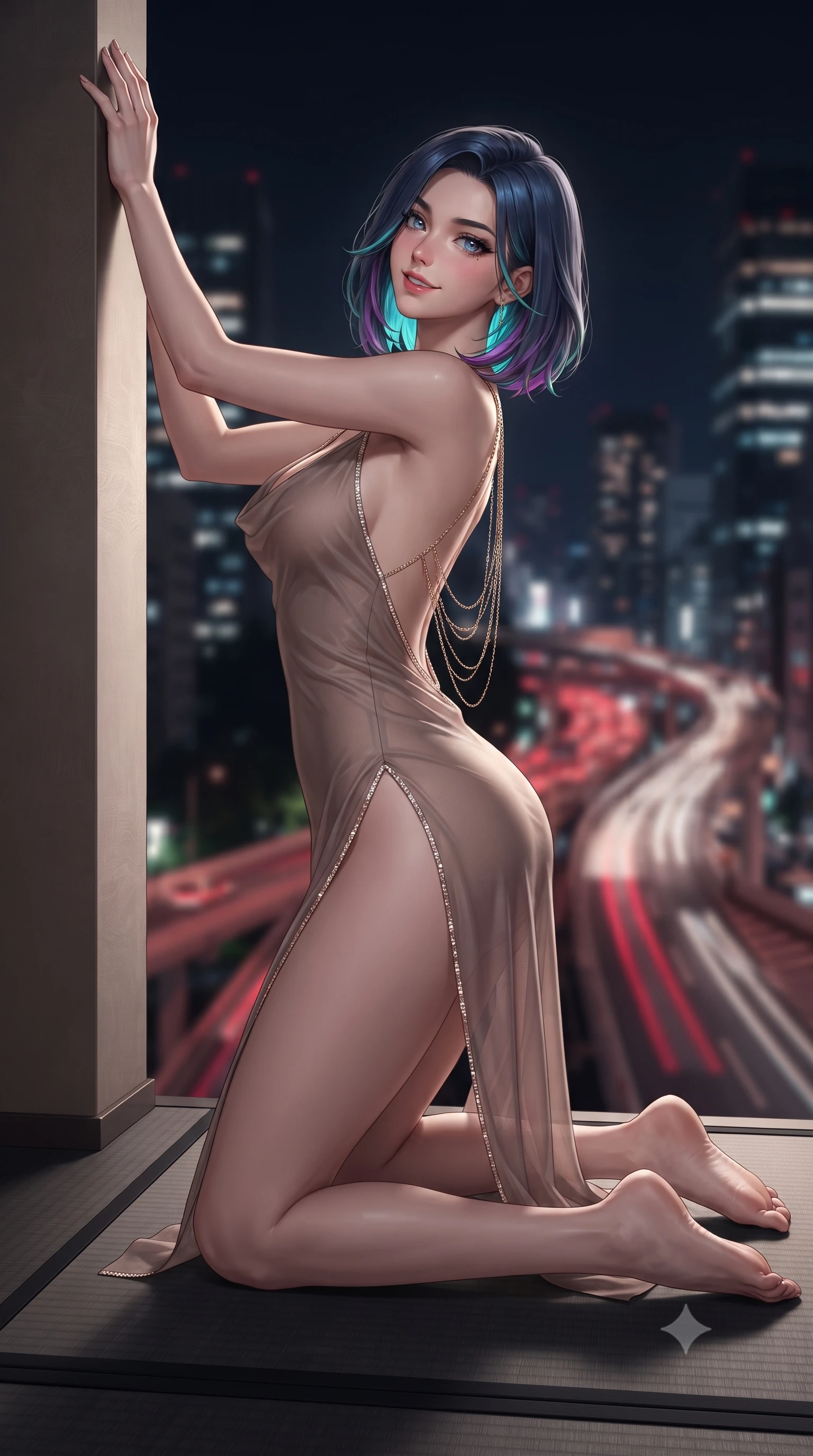score_9, masterpiece, best quality, ultra-detailed, high-budget anime keyframe, editorial fashion photography, tasteful artistic composition, Caucasian woman. low angle full-body shot from head to toe showing her feet, filling the entire 9:16 vertical frame with her statuesque presence, stretching her vertical silhouette. standing tall beside the architectural column, one hand resting high while arching her lower back to emphasize her sculpted feminine hips and slender waist while kneeling gracefully on the matte black washi tatami with hips angled back, arching her spine with seductive traditional-modern allure. The background shows a soft-focus glittering sea of Tokyo night skyscrapers, moving red vehicle light trails on expressway overpasses, and dark night sky blurred into ruby, obsidian, and platinum bokeh. She has an absolutely perfect, statuesque 8.5-heads proportion, an exceptionally tall and slender model-like female figure with impossibly long slender legs, an ultra-slim waist, a flat toned midriff, narrow delicate ribcage, and beautifully sculpted feminine hips creating a graceful, slim hourglass silhouette without any bulky heaviness. sharp v-shaped jawline, high-bridge nose, sparkling eyes with hypnotic seductive depth, thick curled eyelashes, glossy parted lips with a natural dewy peach sheen, alluring bedroom-eyes with an enchanting coquettish smile, exuding magnetic siren charisma and sophisticated glamour, flawlessly proportioned anatomical accuracy, strict slender model proportions, natural body alignment, perfectly sculpted long slender limbs, ultra-slim waistline, clean dynamic posture without body distortion. wearing a plunging cowl-neck liquid cashmere-silk slip gown with daring hip-high double slits and delicate back ties in sheer dusky champagne and glistening crystal trims, made of semi-opaque stretch illusion mesh with soft shadowy contours, accented with an open-back drape framed by falling strands of delicate gold chains, the second-skin tailored fabric adhering flawlessly to her sculpted flat midriff and slender torso, emphasizing her long leg lines and perfectly proportioned willowy build. illuminated by black lacquer reflection bounce and sharp platinum-gold rim lights sculpting her jawline, narrow waist, and curvy hips. ultra-reflective glossy finish, specular highlights, rich textural contrasts, high-contrast stereoscopic depth, volumetric dynamic lighting, 2k, ultra detail, master piece, 9:16 ratio