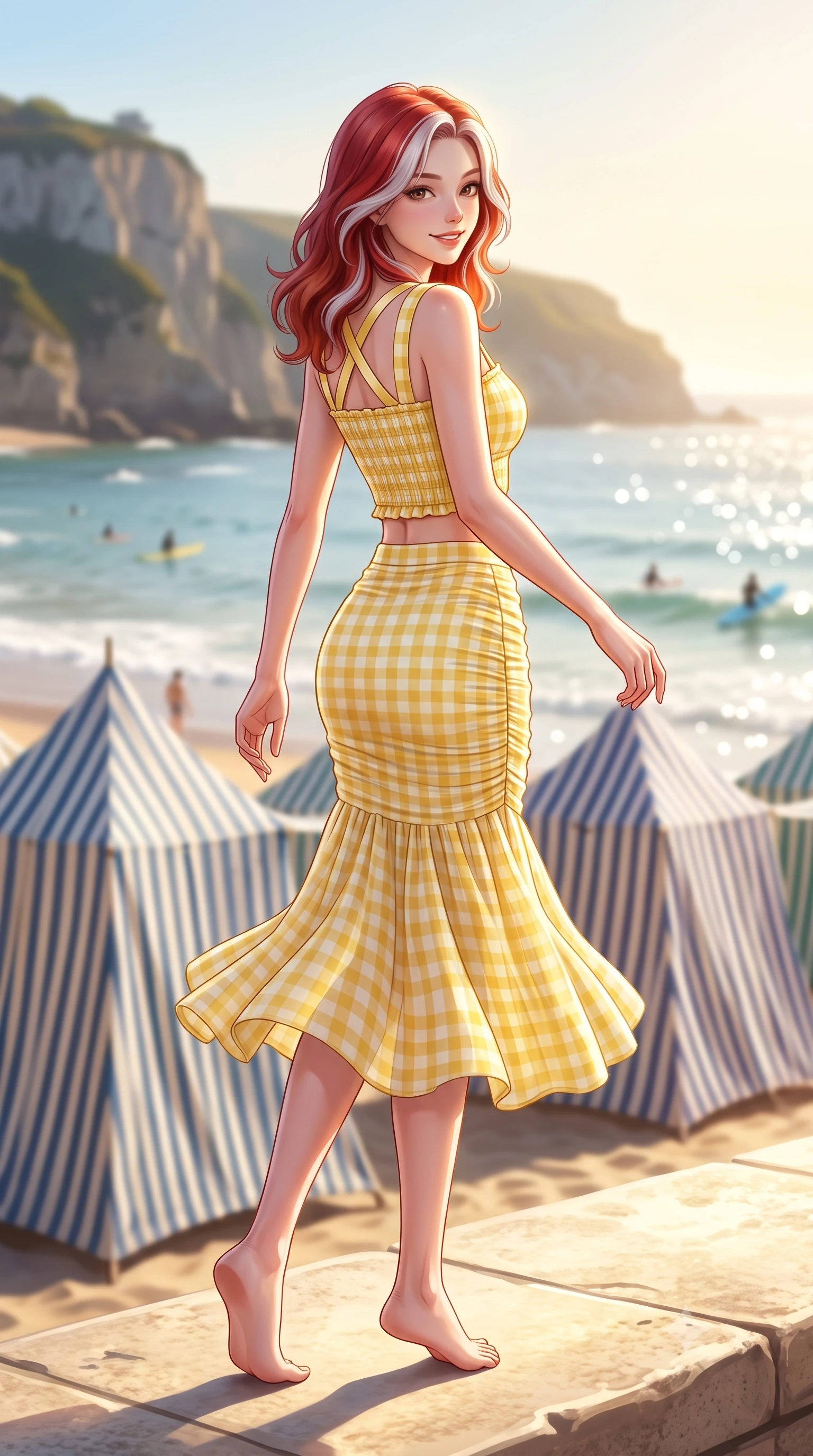 score_9, masterpiece, best quality, ultra-detailed, high-budget anime keyframe, semi-realistic 3D game render, editorial fashion photography, tasteful artistic composition, Caucasian woman. low angle full-body shot from head to toe showing her feet, filling the entire 9:16 vertical frame with her statuesque presence, stretching her vertical silhouette. executing a cheerful mid-motion pivot turn as her skirt flutters around her slender legs, glancing over her shoulder with an intoxicating, teasing cute expression while sitting on a sunlit stone ledge overlooking the iconic striped beach tents, her long slender legs and curvy hips framed by the sea. The composition keeps background elements in soft focus with dreamy creamy bokeh. distant rocky cliffs and surfers softened in glamorous French Basque shallow focus. She has an exceptionally tall and slender model-like 8.5-heads proportion, an ultra-slim waist, a flat toned midriff, narrow delicate ribcage, and beautifully sculpted feminine hips creating a graceful, slim hourglass silhouette without any bulky heaviness, with impossibly long slender legs. sharp v-shaped jawline, high-bridge nose, intricate jewel-like sparkling eyes with depth, thick eyelashes, glossy parted lips with a natural peach sheen, bright cheerful beaming smile with an enchanting and coquettish sensual glint, exuding both youthful cute charm and seductive allure, flawlessly proportioned anatomical accuracy, strict slender model proportions, natural body alignment, perfectly sculpted long slender limbs, ultra-slim waistline, clean dynamic posture without body distortion. wearing a fitted square-neck smocked crop top paired with a curve-hugging ruched mermaid midi skirt in bright butter yellow and fresh cream white, tailored from fine lightweight chiffon that flutters gently in the breeze, finished with criss-cross back satin straps highlighting her graceful shoulder blades, the glove-like silhouette tightly following the natural contour of her hips and long slender legs with youthful 8.5-heads elegance. illuminated by sparkling sea foam reflections sharply sculpting her razor-sharp jawline, narrow waist, and curvy hips. highly saturated vibrant anime colors, detailed shading with soft gradients, rich glossy textures, high-contrast stereoscopic depth, volumetric dynamic lighting, master piece, 9:16 ratio