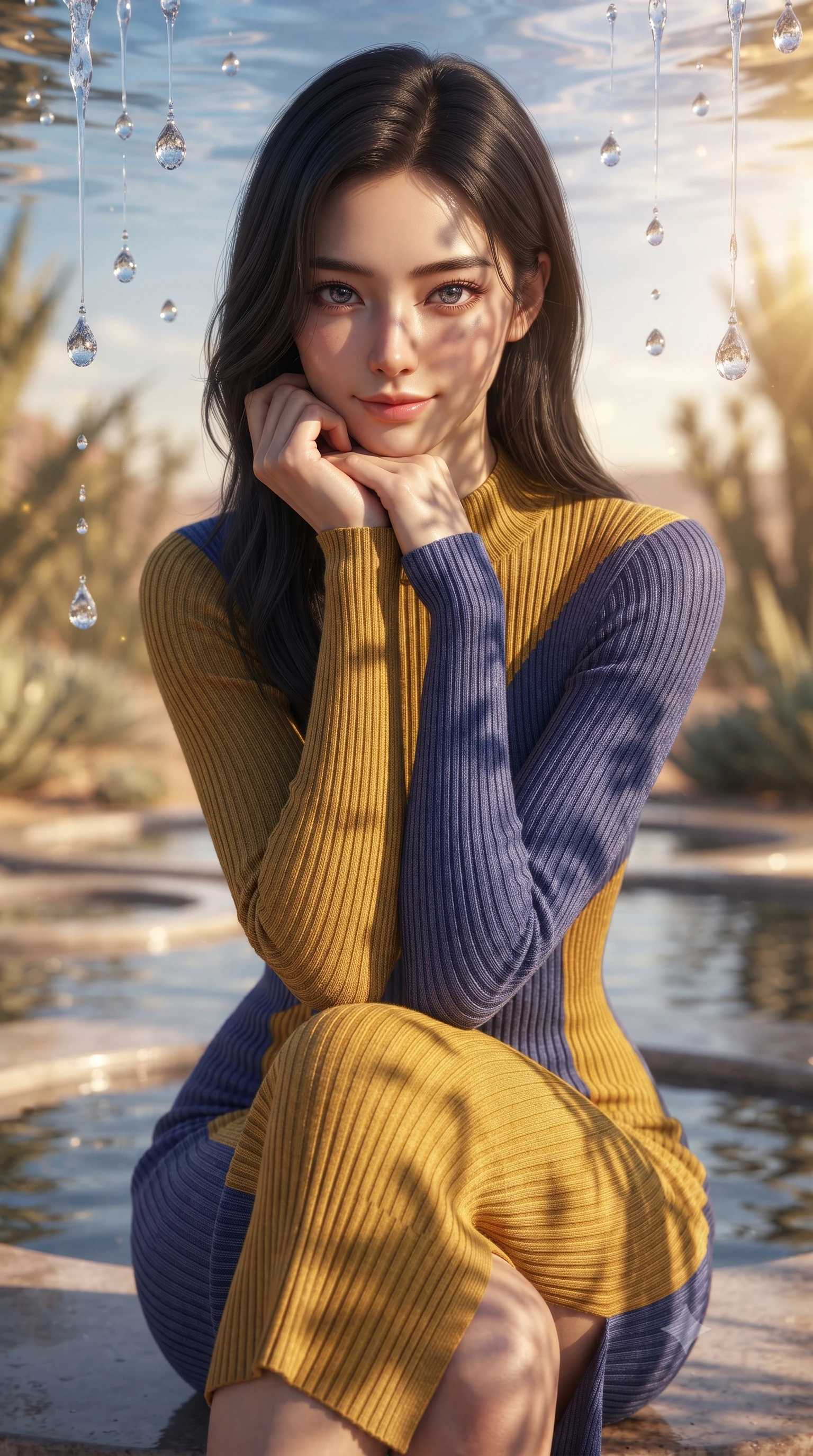 score_9, masterpiece, best quality, ultra-detailed, high-budget anime keyframe, editorial fashion photography, tasteful artistic composition, Korean woman. close-up cowboy shot from the waist and thighs up, the character dominates the composition, filling the frame with her large presence, background elements kept in soft focus. Resting her chin on the backs of her fingers in a confident pose. set against a soft-focus background of a shimmering impossible garden appearing in desert heat haze where crystallized water droplets hang frozen like diamonds in the air above oasis pools reflecting a sky that ripples with thermal distortion. She has an exceptionally elegant and slender, willowy female figure with an ultra-slim waist, a gracefully sculpted slender torso, and a refined slim physique. sharp v-shaped jawline, high-bridge nose, intricate jewel-like eyes with depth, thick eyelashes, glossy lips with a natural sheen. wearing a body-hugging ribbed knit dress in a striking mustard yellow and indigo blue colorway, sculpting her slender proportions. warm golden afternoon sunbeams casting soft organic leaf shadows across her skin. 2k, ultra detail, master piece, 9:16 ratio