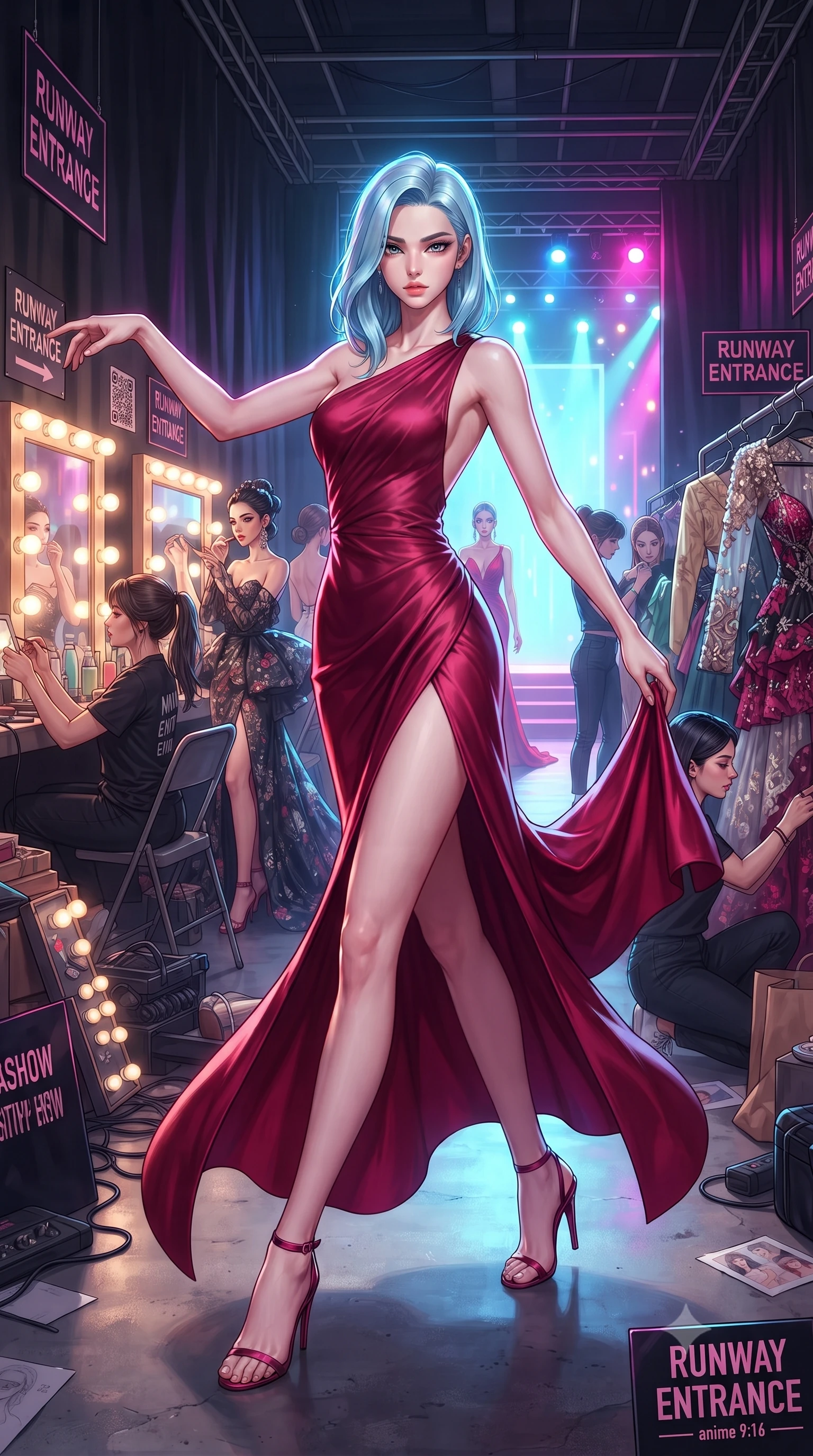score_9, masterpiece, best quality, ultra-detailed, high-budget anime keyframe, editorial fashion photography, tasteful artistic composition, Korean woman. low angle full-body shot from head to toe showing her feet, filling the entire 9:16 vertical frame with her statuesque presence, stretching her vertical silhouette. dancing with weightless grace through the electrifying chaos backstage at a haute couture fashion show with Hollywood makeup mirrors surrounded by bulbs garment racks of extraordinary outfits models in final preparation and the runway entrance glowing ahead. She has a statuesque 8.5-heads proportion, an exceptionally tall, slender and willowy model-like build with impossibly long legs and a highly sculpted ultra-slim waist. sharp v-shaped jawline, high-bridge nose, intricate jewel-like eyes with depth, thick eyelashes, glossy lips with a natural sheen. wearing a high-slit evening gown in deep crimson silk, featuring an asymmetric one-shoulder design and a bare back. brilliant cinematic volumetric lighting with intense neon rim light outlining her form. 2k, ultra detail, master piece, 9:16 ratio