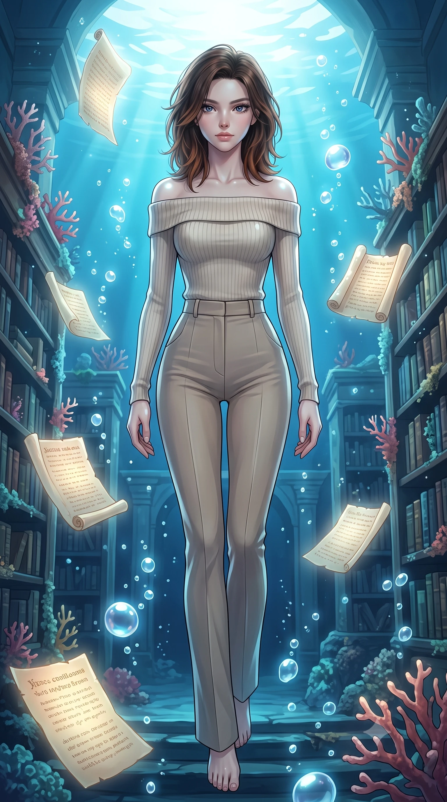 score_9, masterpiece, best quality, ultra-detailed, high-budget anime keyframe, editorial fashion photography, tasteful artistic composition, Korean woman. low angle full-body shot from head to toe showing her feet, filling the entire 9:16 vertical frame with her statuesque presence, stretching her vertical silhouette. navigating the luminous space with effortless poise, displaying her perfect model proportions navigating a submerged ancient library surrounded by floating glowing scrolls, rising bioluminescent bubbles casting soft pearl-like highlights. She has an absolutely perfect, statuesque 8.5-heads proportion, an exceptionally tall and slender model-like female figure with impossibly long slender legs and an ultra-slim waist. sharp v-shaped jawline, high-bridge nose, intricate jewel-like eyes with depth, thick eyelashes, glossy lips with a natural sheen. wearing a sleek off-shoulder ribbed cashmere knit top paired with high-waist tailored pants, the form-contouring material highlighting her ultra-slim waist and long lines. lit by clear sun-drenched sea light with soft ethereal shadows. highly saturated vibrant anime colors, detailed shading with soft gradients, rich glossy textures, high-contrast stereoscopic depth, volumetric dynamic lighting, master piece, 9:16 ratio