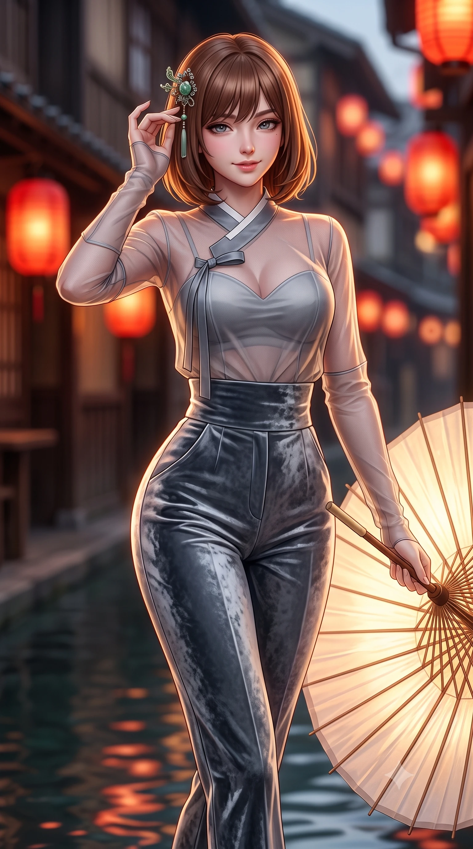 score_9, masterpiece, best quality, ultra-detailed, high-budget anime keyframe, semi-realistic 3D game render, editorial fashion photography, tasteful artistic composition, Caucasian woman. close-up cowboy shot from the waist and thighs up, the character dominates the composition, filling the frame with her large presence. tilting her head with an alluring smile while arching her spine with dancer poise, one hand touching her ornate jade hairpin in a flirtatious S-curve while holding an illuminated paper wagasa umbrella with one hand while turning gracefully, her long slender legs and curves accentuated by lantern reflections. The background shows a soft-focus historic wooden machiya teahouse facades and glowing red paper lanterns blurred into warm vermilion, honey, and charcoal bokeh. She has an exceptionally elegant, slender, and willowy female figure with an ultra-slim waist, flat toned midriff, narrow ribcage, and sculpted feminine hips creating an alluring, slim hourglass silhouette without bulk. sharp v-shaped jawline, high-bridge nose, intricate jewel-like dark sparkling almond eyes with depth, thick lashes, glossy parted lips with a natural rose-plum sheen, bright alluring and coquettish smile with bedroom-eyes, exuding both timeless oriental elegance and sovereign high-fashion allure, flawlessly proportioned anatomical accuracy, strict slender model proportions, natural body alignment, perfectly sculpted long slender limbs, ultra-slim waistline, clean dynamic posture without body distortion. wearing a sheer technical mesh and silk hanbok blouse worn over a sculpted sweetheart bustier with high-waisted tailored silk trousers in misty ink-wash slate grey and liquid silver, crafted from sumptuous crushed winter velvet with deep light-absorbing plushness, complemented by delicate sheer silk fingerless gloves reaching past her elbows, the high-waisted wrap tailoring accentuating her ultra-slim waistline and the enchanting curve of her feminine hips with alluring oriental charm. illuminated by rippling canal water reflections and sharp amber rim lighting sculpting her razor-sharp jawline, narrow waist, and curvy hips. highly saturated vibrant anime colors, detailed shading with soft gradients, rich glossy textures, high-contrast stereoscopic depth, volumetric dynamic lighting, master piece, 9:16 ratio