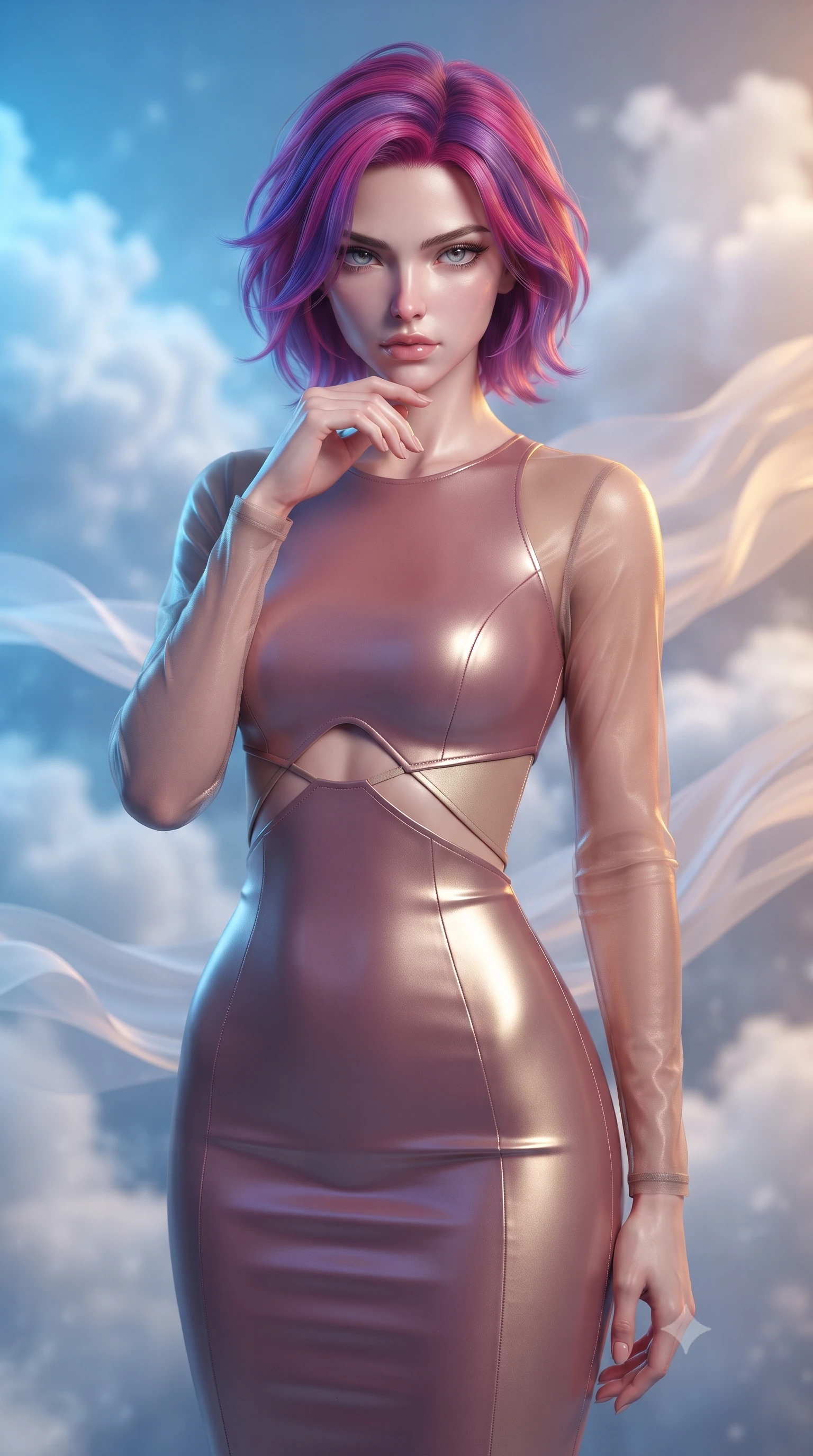 score_9, masterpiece, best quality, ultra-detailed, high-budget anime keyframe, editorial fashion photography, tasteful artistic composition, Caucasian woman. close-up cowboy shot from the waist and thighs up, the character dominates the composition, filling the frame with her large presence, background elements kept in soft focus. Resting her chin on the backs of her fingers, casting a sharp, mysterious gaze standing inside a floating cloud chamber where soft white storm clouds knot into silk threads, fine cloud threads weaving together into fluid ribbons in mid-air. She has an exceptionally elegant, slender, and willowy female figure with an ultra-slim waist, a gracefully sculpted slender torso, and a refined silhouette. sharp v-shaped jawline, high-bridge nose, intricate jewel-like eyes with depth, thick eyelashes, glossy lips with a natural sheen. wearing a sleek bodycon knit dress with sheer organza sleeve panels in dusty rose and champagne gold, formed from sleek second-skin neoprene, featuring subtle geometric cutouts that highlight her ultra-slim midriff, the form-contouring material highlighting her ultra-slim waist and long lines. bathed in a dual-tone palette of electric blue and warm amber sky rays. ultra-reflective glossy finish, specular highlights, metallic sheen, high-contrast stereoscopic depth, volumetric dynamic lighting, 2k, ultra detail, master piece, 9:16 ratio