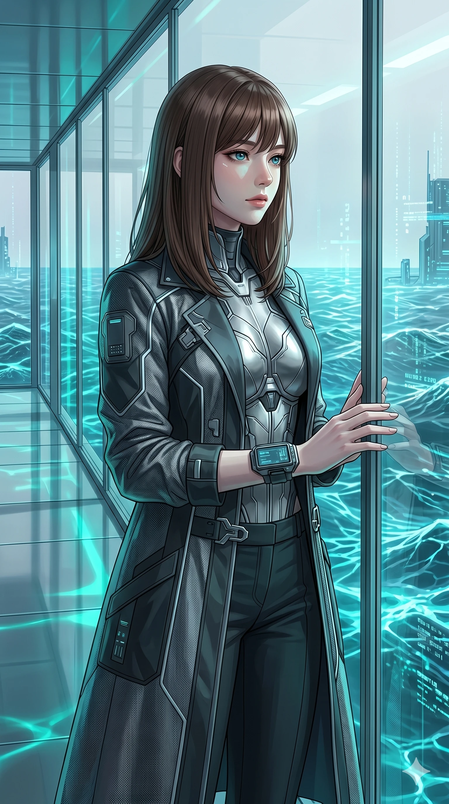 score_9, masterpiece, best quality, ultra-detailed, high-budget anime keyframe, editorial fashion photography, tasteful artistic composition, Korean woman. Upper body close-up from the thighs up, character filling the screen for maximum presence. Standing in a glass corridor overlooking a digital ocean, looking out at the waves with a peaceful, serene expression. She is wearing a tailored tech-wear trench coat worn over a silver bodice and dark pants. The scene is bathed in the neon turquoise water reflections and cool white lights. 2k, ultra detail, master piece, 9:16 ratio