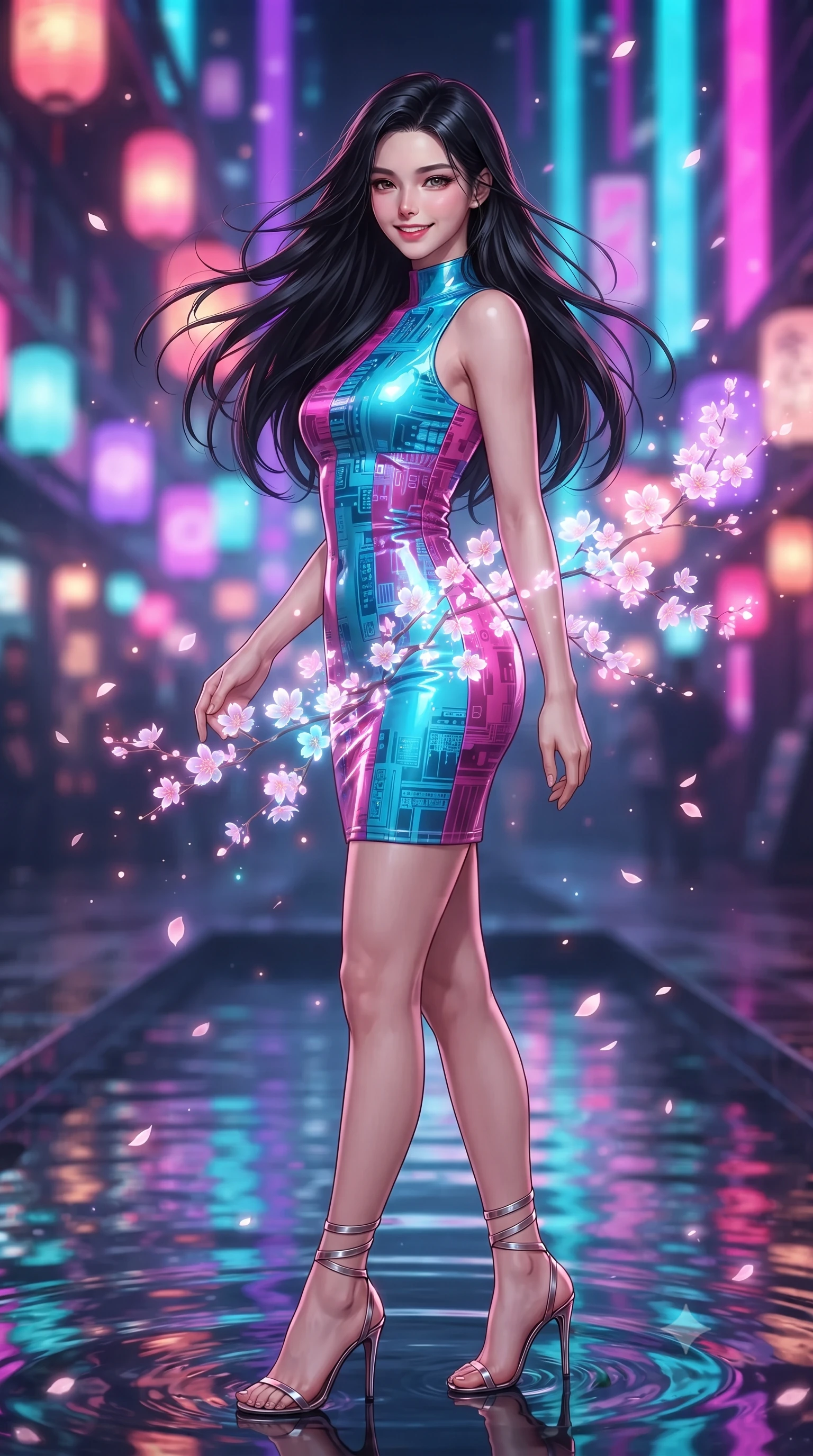 score_9, masterpiece, best quality, ultra-detailed, high-budget anime keyframe, editorial fashion photography, tasteful artistic composition, Korean woman. close-up cowboy shot from the waist and thighs up, the character dominates the composition, filling the frame with her large presence. turning slowly with an enchanting smoldering smile, her glossy hair tossing in the breeze as her hips angle gracefully in a captivating contrapposto while twisting her slender torso in an alluring contrapposto stance beside the shallow reflecting pool, holographic cherry blossoms caressing her narrow waist and curvy hips. The background shows a soft-focus floating bioluminescent pink sakura petals, glowing holographic lanterns, and vertical neon sky-freeway ribbons blurred into fuchsia, cyan, and amethyst bokeh. She has an exceptionally elegant, slender, and willowy female figure with an ultra-slim waist, flat toned midriff, narrow ribcage, and sculpted feminine hips creating an alluring, slim hourglass silhouette without bulk. sharp v-shaped jawline, high-bridge nose, intricate jewel-like sparkling eyes with depth, thick eyelashes, glossy parted lips with a natural peach sheen, bright cheerful beaming smile with an enchanting and coquettish sensual glint, exuding both youthful cute charm and seductive allure, flawlessly proportioned anatomical accuracy, strict slender model proportions, natural body alignment, perfectly sculpted long slender limbs, ultra-slim waistline, clean dynamic posture without body distortion. wearing an ultra-sleek high-gloss patent leather sheath dress contouring her ultra-slim waistline and feminine hips in Neo-Tokyo neon magenta and electric cyan, tailored from high-gloss patent leather with mirror-like specular highlights, complemented by strappy stiletto sandals with metallic ankle wraps accentuating her slender calves, the liquid-tight tailored fabric clinging flawlessly to her narrow waist and rounded feminine hips, emphasizing every millimeter of her sculpted slim hourglass curves without any bulky heaviness. illuminated by floor pool reflection bounce and sharp laser-cyan rim lights sculpting her razor-sharp jawline, narrow waist, and curvy hips. ultra-reflective glossy finish, specular highlights, rich textural contrasts, high-contrast stereoscopic depth, volumetric dynamic lighting, 2k, ultra detail, master piece, 9:16 ratio