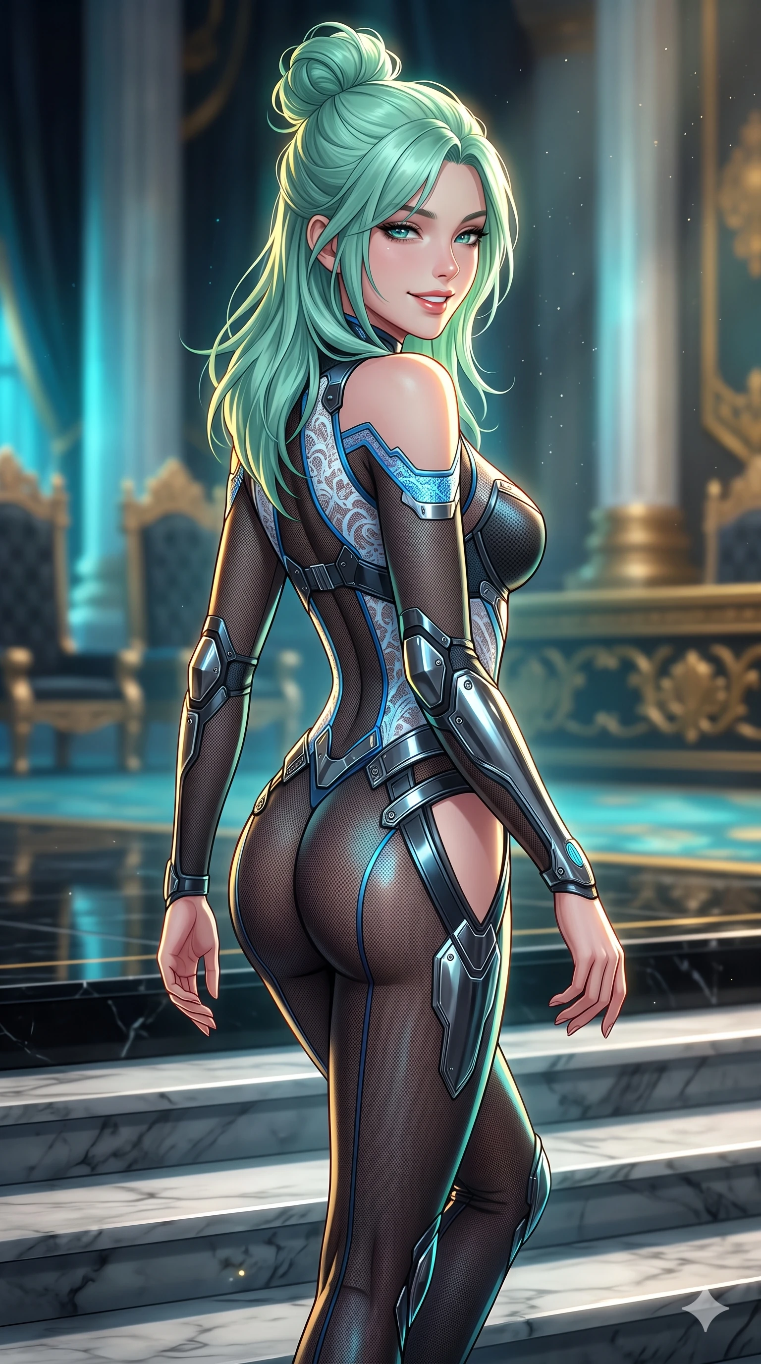 score_9, masterpiece, best quality, ultra-detailed, high-budget anime keyframe, semi-realistic 3D game render, editorial fashion photography, tasteful artistic composition, Japanese woman. close-up cowboy shot from the waist and thighs up, the character dominates the composition, filling the frame with her large presence. posing in an alluring rear three-quarter angle, looking over a bare shoulder with heavy-lidded sparkling eyes, her hips cocked back to highlight her slim hourglass curve while walking slowly down the grand marble council steps with hypnotic grace, hips swaying in an alluring sensual rhythm that accentuates her curvy hourglass silhouette and long slender legs. The background shows a soft-focus diplomatic chamber atmospheric dust motes blurred into cyan, gold, and obsidian bokeh. She has an exceptionally elegant, slender, and willowy female figure with an ultra-slim waist, flat toned midriff, narrow ribcage, and sculpted feminine hips creating an alluring, slim hourglass silhouette without bulk. sharp v-shaped jawline, high-bridge nose, intricate jewel-like sparkling eyes with depth, thick eyelashes, glossy parted lips with a natural sheen, bright confident smile with an enchanting and coquettish sensual glint, exuding both youthful magnetic charm and sovereign high-tech allure, flawlessly proportioned anatomical accuracy, strict slender model proportions, natural body alignment, perfectly sculpted long slender limbs, ultra-slim waistline, clean dynamic posture without body distortion. wearing a form-contouring semi-opaque dark mesh catsuit with carbon-plated cups and fine lace-pattern panels across her torso in arctic snowflake white and electric plasma blue, woven from fine semi-opaque stretch illusion mesh tracing her slender contours, accented with strategically placed chrome armor plate guards covering key curves, the high-slit tactical tailoring accentuating her ultra-slim waistline and the enchanting curve of her feminine hips with alluring seductive charm. illuminated by polished black stone dais bounce and sharp gold-cyan rim lights sculpting her razor-sharp jawline, narrow waist, and curvy hips. highly saturated vibrant anime colors, detailed shading with soft gradients, rich glossy textures, high-contrast stereoscopic depth, volumetric dynamic lighting, master piece, 9:16 ratio