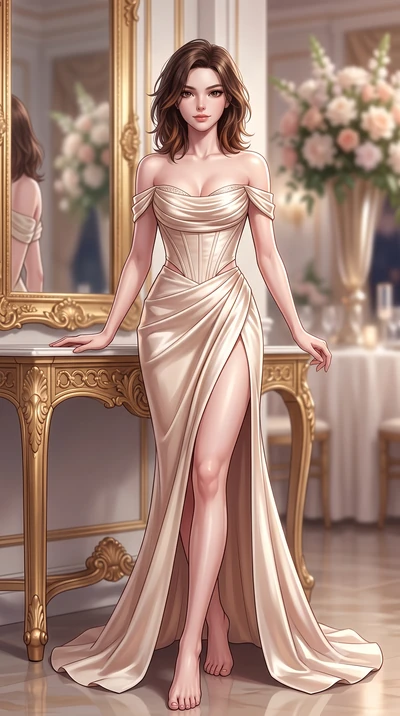 score_9, masterpiece, best quality, ultra-detailed, high-budget anime keyframe, semi-realistic 3D game render, editorial fashion photography, tasteful artistic composition, Korean woman. low angle full-body shot from head to toe showing her feet, fil