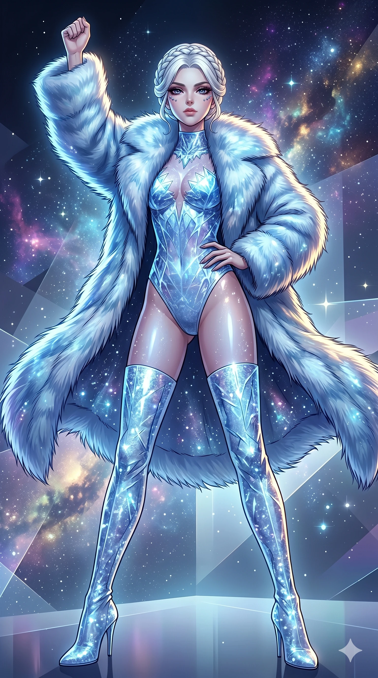 score_9, masterpiece, best quality, ultra-detailed, high-budget anime movie keyframe, cinematic anime lighting, intricate line art, Caucasian (strictly human ears) woman. Low angle cowboy shot filling the entire 9:16 frame with her statuesque presence. standing victoriously in a minimalist digital void in a mist of stardust. She has an absolutely perfect 8-heads proportion, an exceptionally tall and slender female figure with an ultra-slim waist and impossibly long slender legs. sharp v-shaped jawline, high-bridge nose, intricate jewel-like eyes, thick eyelashes, glossy lips. Wearing seasonal winter-couture featuring a plush oversized faux-fur coat worn over a skin-tight crystalline leotard and thigh-high stiletto boots. The scene is illuminated by dramatic atmospheric lighting and vibrant color palettes. , 2k, ultra detail, master piece, 9:16 ratio