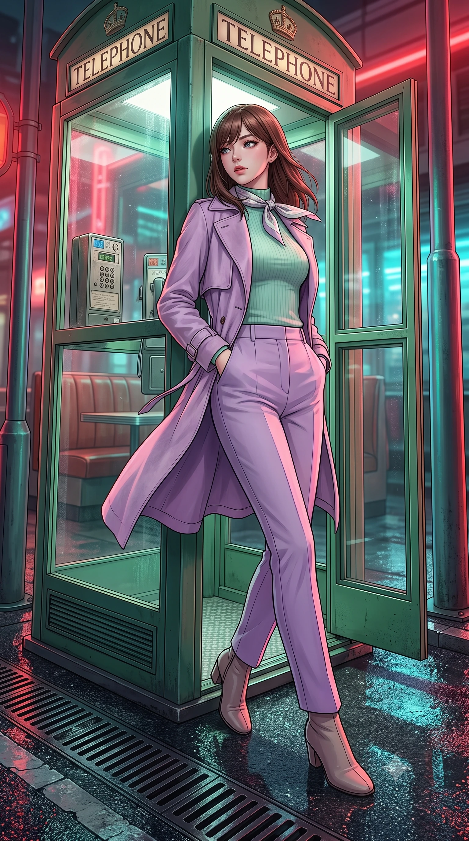score_9, masterpiece, best quality, ultra-detailed, high-budget anime keyframe, semi-realistic 3D game render, editorial fashion photography, tasteful artistic composition, Korean woman. low angle full-body shot from head to toe showing her feet, filling the entire 9:16 vertical frame with her statuesque presence, stretching her vertical silhouette. executing an elegant mid-motion spin with effortless grace, her garments fluttering softly around her ultra-slim waistline while leaning against a vintage green telephone booth with hands in her jacket pockets, looking back over her shoulder. The surrounding environment is rendered in vivid detail and crisp panoramic clarity. detailed vintage diner booth interiors visible through glass, telephone coin slots, and drain grates in high clarity. She has an absolutely perfect, statuesque 8.5-heads proportion, an exceptionally tall and slender model-like female figure with impossibly long slender legs, a toned flat midriff, and an ultra-slim waist. sharp v-shaped jawline, high-bridge nose, intricate jewel-like eyes with depth, thick eyelashes, glossy lips with a natural sheen, captivating and magnetic expression, flawlessly proportioned anatomical accuracy, strict slender model proportions, natural body alignment, perfectly sculpted long slender limbs, ultra-slim waistline, clean dynamic posture without body distortion. wearing a stylish retro suede trench coat over a fitted mock-neck knit top and high-waist tailored slacks in pastel lilac and mint green, made of crisp lightweight vintage crinkle nylon, complemented by a delicate silk scarf tied playfully around her neck, the sleek tailored cut tightly hugging her graceful clavicle, narrow waist, and feminine curves with statuesque precision. bathed in rich neon red and cyan streetlamp glow bouncing off wet asphalt surfaces. highly saturated vibrant anime colors, detailed shading with soft gradients, rich glossy textures, high-contrast stereoscopic depth, volumetric dynamic lighting, master piece, 9:16 ratio