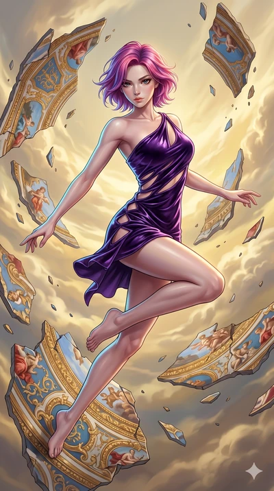 score_9, masterpiece, best quality, ultra-detailed, high-budget anime keyframe, Korean woman. upper body close-up from the thighs up, character filling the screen for maximum presence. propelling herself off digital baroque ceiling fresco shards that