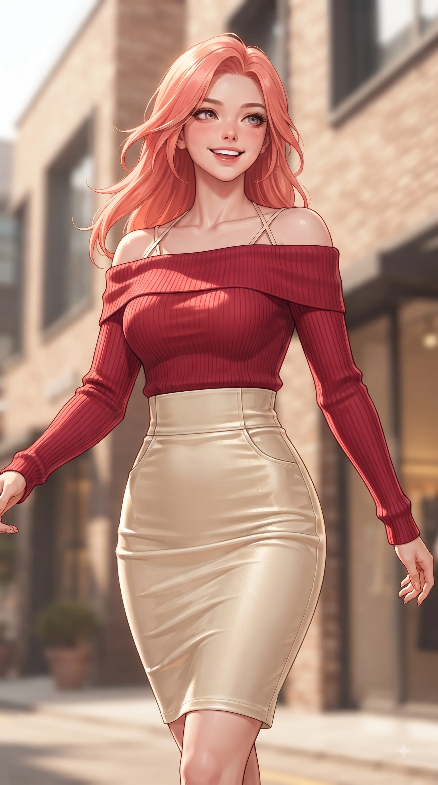score_9, masterpiece, best quality, ultra-detailed, high-budget anime keyframe, editorial fashion photography, tasteful artistic composition, Japanese woman. close-up cowboy shot from the waist and thighs up, the character dominates the composition, filling the frame with her large presence. Radiant youthful grin reflecting girlhood charm while casting a playful, joyful side-gaze with heavy lashes while walking dynamically down a sunlit Seongsu boutique street lined with modern brick cafes. The composition keeps background elements in soft focus with dreamy bokeh. modern brick architecture and chic boutique windows blurred into warm, creamy background bokeh. She has an exceptionally elegant, slender, and willowy female figure with an ultra-slim waist, a gracefully sculpted slender torso, and a refined silhouette. sharp v-shaped jawline, high-bridge nose, intricate jewel-like eyes with depth, thick eyelashes, glossy lips with a natural sheen, flawlessly proportioned anatomical accuracy, natural body alignment, perfectly sculpted elegant limbs, clean dynamic posture without body distortion. wearing a sleek off-shoulder ribbed sweater paired with a high-waisted fitted denim pencil skirt in vivid crimson red and champagne cream, made of lustrous stretch velvet, finished with delicate criss-cross back straps highlighting her bare shoulders, the elegant draped fit framing her graceful clavicle and slender torso. surrounded by a lively, stylish, and fresh city atmosphere. ultra-reflective glossy finish, specular highlights, metallic sheen, high-contrast stereoscopic depth, volumetric dynamic lighting, 2k, ultra detail, master piece, 9:16 ratio