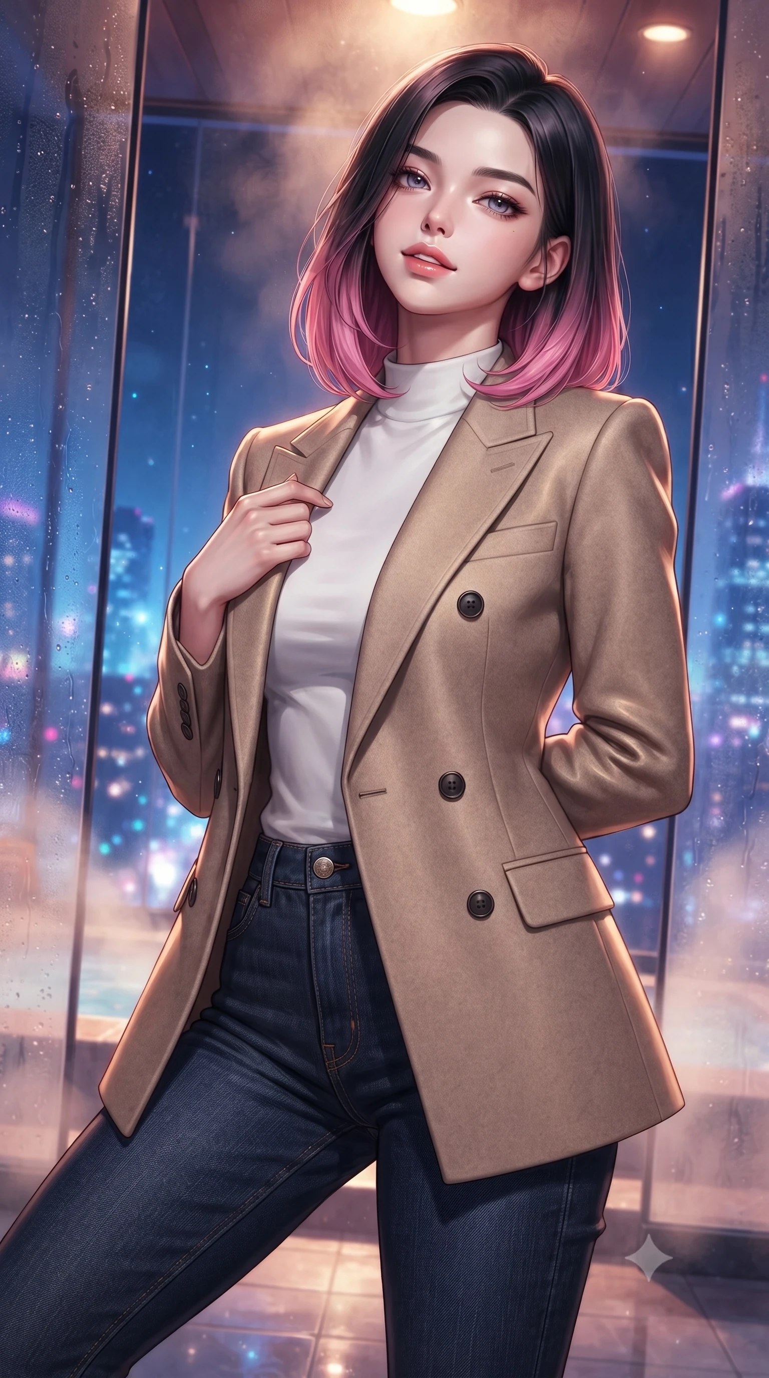 score_9, masterpiece, best quality, ultra-detailed, high-budget anime keyframe, editorial fashion photography, tasteful artistic composition, Korean woman woman. close-up cowboy shot from the waist and thighs up, the character dominates the composition, filling the frame with her large presence, background elements kept in soft focus. tilting her chin up slightly with lips parted in a composed, provocative expression the background shows a soft-focus a high-rise private steam room with glass walls overlooking the city lights at night. She has an exceptionally elegant, slender, and willowy female figure with an ultra-slim waist, a gracefully sculpted slender torso, and a refined silhouette. sharp v-shaped jawline, high-bridge nose, intricate jewel-like eyes with depth, thick eyelashes, glossy lips with a natural sheen. wearing a tailored tailored double-breasted blazer in sand wool, worn over a white mock-neck tee and denim jeans. glittering blue and violet city skyline lights contrasting with warm steam glow. ultra-reflective glossy finish, specular highlights, metallic sheen, high-contrast stereoscopic depth, volumetric dynamic lighting, 2k, ultra detail, master piece, 9:16 ratio