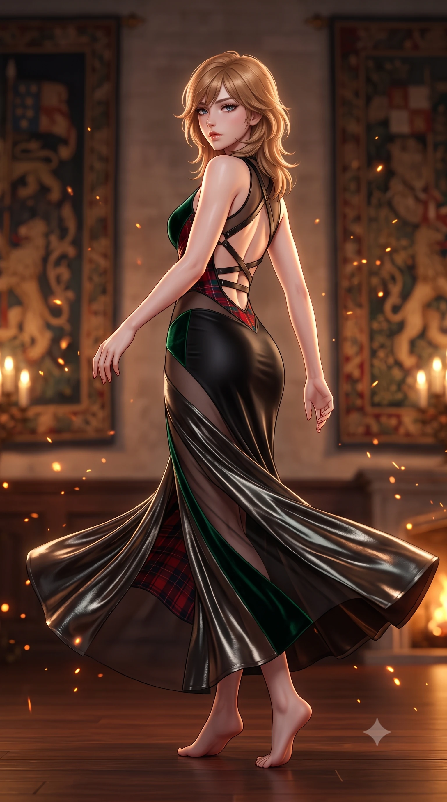 score_9, masterpiece, best quality, ultra-detailed, high-budget anime keyframe, semi-realistic 3D game render, editorial fashion photography, tasteful artistic composition, Korean woman. low angle full-body shot from head to toe showing her feet, filling the entire 9:16 vertical frame with her statuesque presence, stretching her vertical silhouette. executing an elegant mid-motion pivot turn as garments swirl around her slender limbs, glancing over her shoulder with an intoxicating bedroom-gaze while standing poised between towering medieval armorial tapestries, twisting her slender torso in a deep contrapposto stance with smoldering bedroom-eyes. The composition keeps background elements in soft focus with creamy bokeh. rising fireplace sparks and candle flame refractions scattering warm decadent amber light motes. She has an exceptionally tall and slender model-like 8.5-heads proportion, an ultra-slim waist, a flat toned midriff, narrow delicate ribcage, and beautifully sculpted feminine hips creating a graceful, slim hourglass silhouette without any bulky heaviness, with impossibly long slender legs. sharp v-shaped jawline, high-bridge nose, intricate jewel-like eyes with depth, thick eyelashes, glossy parted lips with a natural sheen, intensely captivating and seductive bedroom-eyes expression, flawlessly proportioned anatomical accuracy, strict slender model proportions, natural body alignment, perfectly sculpted long slender limbs, ultra-slim waistline, clean dynamic posture without body distortion. wearing a second-skin black silk jersey maxi dress with asymmetrical sheer mesh side panels tracing the full curve of her hip in deep emerald green velvet and royal tartan crimson, crafted from luxurious metallic lamé that shifts radiance with every step, featuring an open-back criss-cross harness strap in dark leather, the glove-like aerodynamic silhouette tightly following the natural contour of her hips and long slender legs with statuesque 8.5-heads elegance. surrounded by an aristocratic, untamed, and dangerously captivating Scottish highland duchess aura. highly saturated vibrant anime colors, detailed shading with soft gradients, rich glossy textures, high-contrast stereoscopic depth, volumetric dynamic lighting, master piece, 9:16 ratio