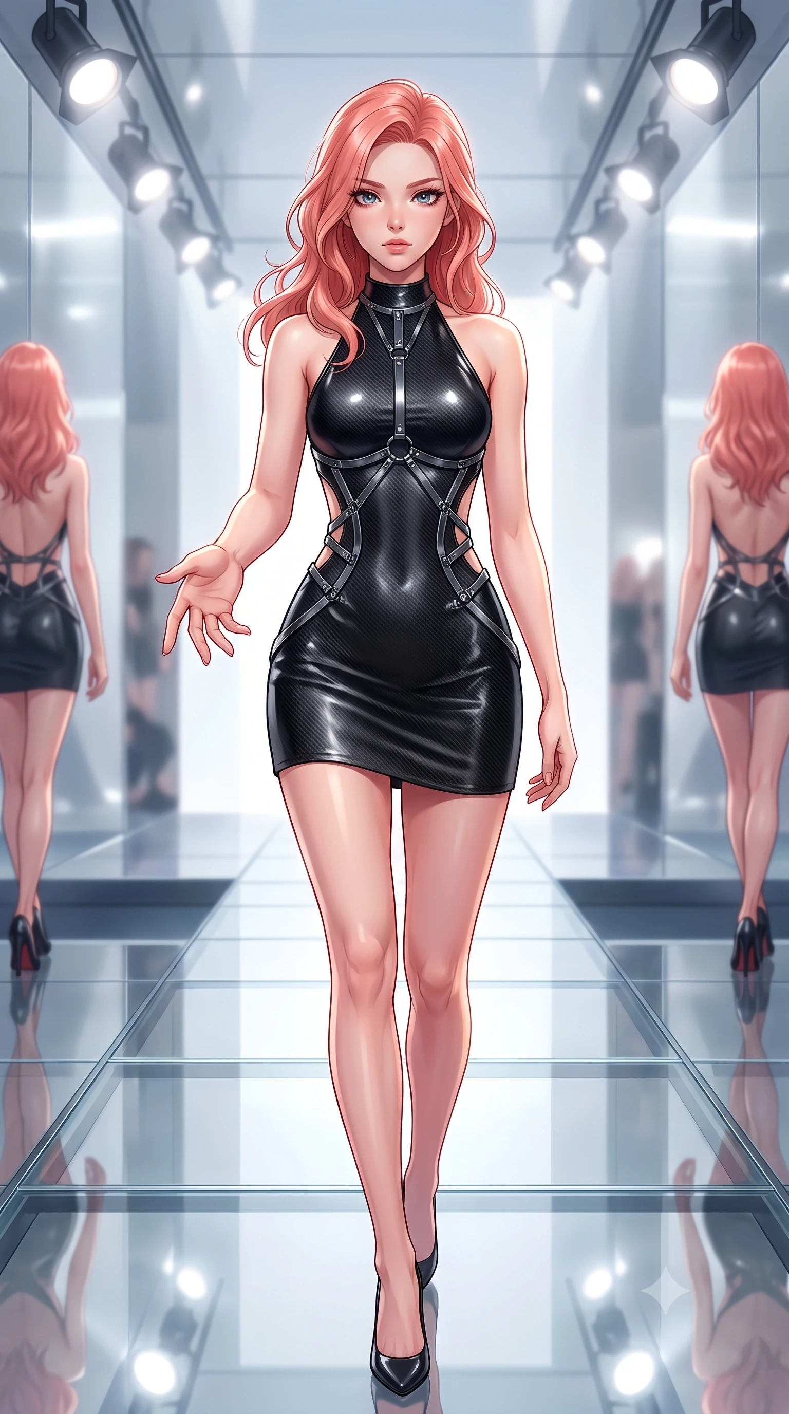 score_9, masterpiece, best quality, ultra-detailed, high-budget anime keyframe, editorial fashion photography, tasteful artistic composition, Japanese woman. close-up cowboy shot from the waist and thighs up, the character dominates the composition, filling the frame with her large presence, background elements kept in soft focus. Reaching one hand toward the viewer with relaxed sensual elegance, walking across a glass runway reflecting bright studio spotlights from above, infinite mirror reflections repeating her statuesque 8.5-heads proportion into distance. She has an exceptionally elegant, slender, and willowy female figure with an ultra-slim waist, a gracefully sculpted slender torso, and a refined silhouette. sharp v-shaped jawline, high-bridge nose, intricate jewel-like eyes with depth, thick eyelashes, glossy lips with a natural sheen. wearing backless liquid vinyl mini slip dress with bare shoulder halter neckline in pitch-black onyx, made of matte carbon-fiber weave, highlighted by a gunmetal metallic harness structure, contouring every curve with an exceptionally elegant silhouette. bathed in high-contrast specular reflections against bright mirror space. highly saturated vibrant anime colors, detailed shading with soft gradients, rich glossy textures, high-contrast stereoscopic depth, volumetric dynamic lighting, master piece, 9:16 ratio