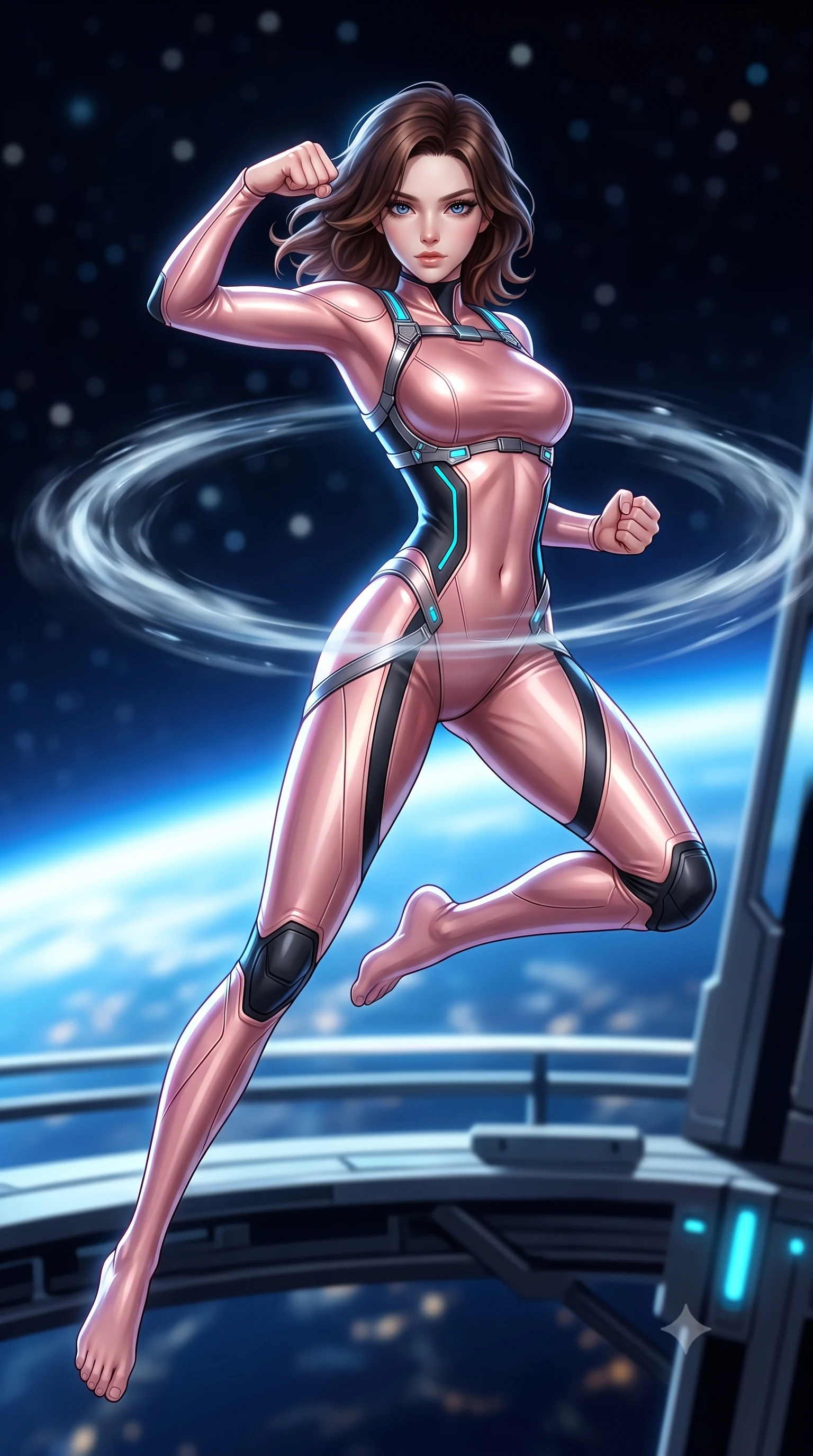 score_9, masterpiece, best quality, ultra-detailed, high-budget anime keyframe, semi-realistic 3D game render, editorial fashion photography, tasteful artistic composition, Korean woman. low angle full-body shot from head to toe showing her feet, filling the entire 9:16 vertical frame with her statuesque presence, stretching her vertical silhouette. leaping into mid-air with an athletic yet alluring arch of her spine, driving a downward kinetic strike surrounded by a ring of displaced air while executing a high-speed kinetic parry and pivot on the open-air gantry of a space elevator ring 100 kilometers above Earth. The composition keeps background elements in soft focus with creamy bokeh. glowing blue horizon of planet Earth and deep starry space blurred into clean azure, white, and pitch-black bokeh. She has an absolutely perfect, statuesque 8.5-heads proportion, an exceptionally tall and slender model-like female figure with impossibly long slender legs, a toned flat midriff, and an ultra-slim waist. sharp v-shaped jawline, high-bridge nose, intricate jewel-like eyes with depth, thick eyelashes, glossy lips with a natural sheen, flawlessly proportioned anatomical accuracy, strict slender model proportions, natural body alignment, perfectly sculpted long slender limbs, ultra-slim waistline, clean dynamic posture without body distortion. wearing a form-fitting luminous rose-gold carbon combat gown with tactical high leg slits and flexible kinetic knee articulation in matte obsidian carbon black with electric cyan conduits, made of liquid carbon-jersey fabric adhering flawlessly to her sculpted silhouette, reinforced by a sleek titanium kinetic harness and glowing micro-energy straps, the glove-like aerodynamic second-skin fit tightly clinging to her ultra-slender waist and athletic curves without adding bulk, accentuating her razor-sharp statuesque lines and slim hourglass silhouette. illuminated by crisp specular highlights tracing her sculpted collarbones, waistline, and long slender legs. rich saturated anime colors with glowing neon highlights, detailed shading with soft gradients, rich glossy textures, high-contrast stereoscopic depth, volumetric dynamic lighting, master piece, 9:16 ratio