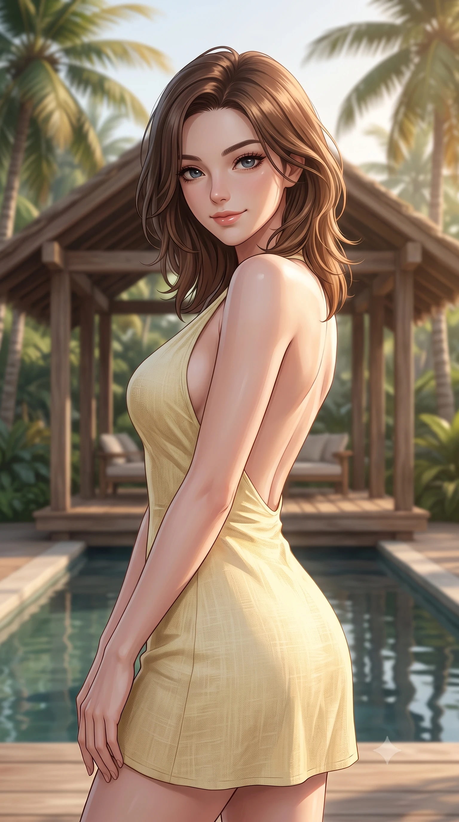 score_9, masterpiece, best quality, ultra-detailed, high-budget anime keyframe, editorial fashion photography, tasteful artistic composition, Korean woman woman. close-up cowboy shot from the waist and thighs up, the character dominates the composition, filling the frame with her large presence, background elements kept in soft focus. tilting her head slightly with a gentle, friendly smile under the warm sun the background shows a soft-focus a wooden open-air pavilion surrounded by lush tropical palm trees and a calm water pool. She has an exceptionally elegant, slender, and willowy female figure with an ultra-slim waist, a gracefully sculpted slender torso, and a refined silhouette. sharp v-shaped jawline, high-bridge nose, intricate jewel-like eyes with depth, thick eyelashes, glossy lips with a natural sheen. wearing a body-hugging backless summer sundress in pale yellow linen, showing her elegant shoulder blades. soft diffused tropical morning sunrays creating a serene resort vibe. 2k, ultra detail, master piece, 9:16 ratio