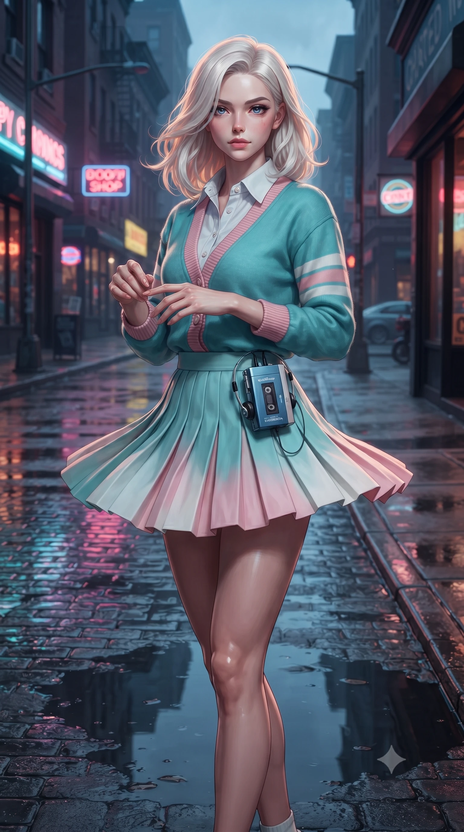 score_9, masterpiece, best quality, ultra-detailed, high-budget anime keyframe, editorial fashion photography, tasteful artistic composition, Caucasian woman. close-up cowboy shot from the waist and thighs up, the character dominates the composition, filling the frame with her large presence. holding her hands loosely in front with regal, aristocratic poise, radiating an overwhelming high-society aura while twirling on the wet sidewalk corner as neon reflection puddles create mirror images of her slender silhouette. The surrounding environment is rendered in vivid detail and crisp panoramic clarity. emotional cinematic chiaroscuro and nostalgic 90s urban romance aesthetics captured with precision. She has an exceptionally elegant, slender, and willowy female figure with an ultra-slim waist, a gracefully sculpted slender torso, toned flat midriff, and a refined slim silhouette. sharp v-shaped jawline, high-bridge nose, intricate jewel-like eyes with depth, thick eyelashes, glossy lips with a natural sheen, captivating and magnetic expression, flawlessly proportioned anatomical accuracy, strict slender model proportions, natural body alignment, perfectly sculpted long slender limbs, ultra-slim waistline, clean dynamic posture without body distortion. wearing a preppy 80s varsity cardigan sweater layered over a crisp collared button-down shirt and a tennis pleated skirt in retro turquoise, baby pink, and white, woven from soft breathable linen that flutters gently with every step, accessorized with a vintage portable cassette Walkman clipped to her waistband, the glove-like aerodynamic second-skin fit tightly clinging to her ultra-slender waist and athletic curves without adding bulk, accentuating her razor-sharp statuesque lines and slim hourglass silhouette. surrounded by an emotional, poetic, and heartwarming vintage movie heroine aura. ultra-reflective glossy finish, specular highlights, rich textural contrasts, high-contrast stereoscopic depth, volumetric dynamic lighting, 2k, ultra detail, master piece, 9:16 ratio