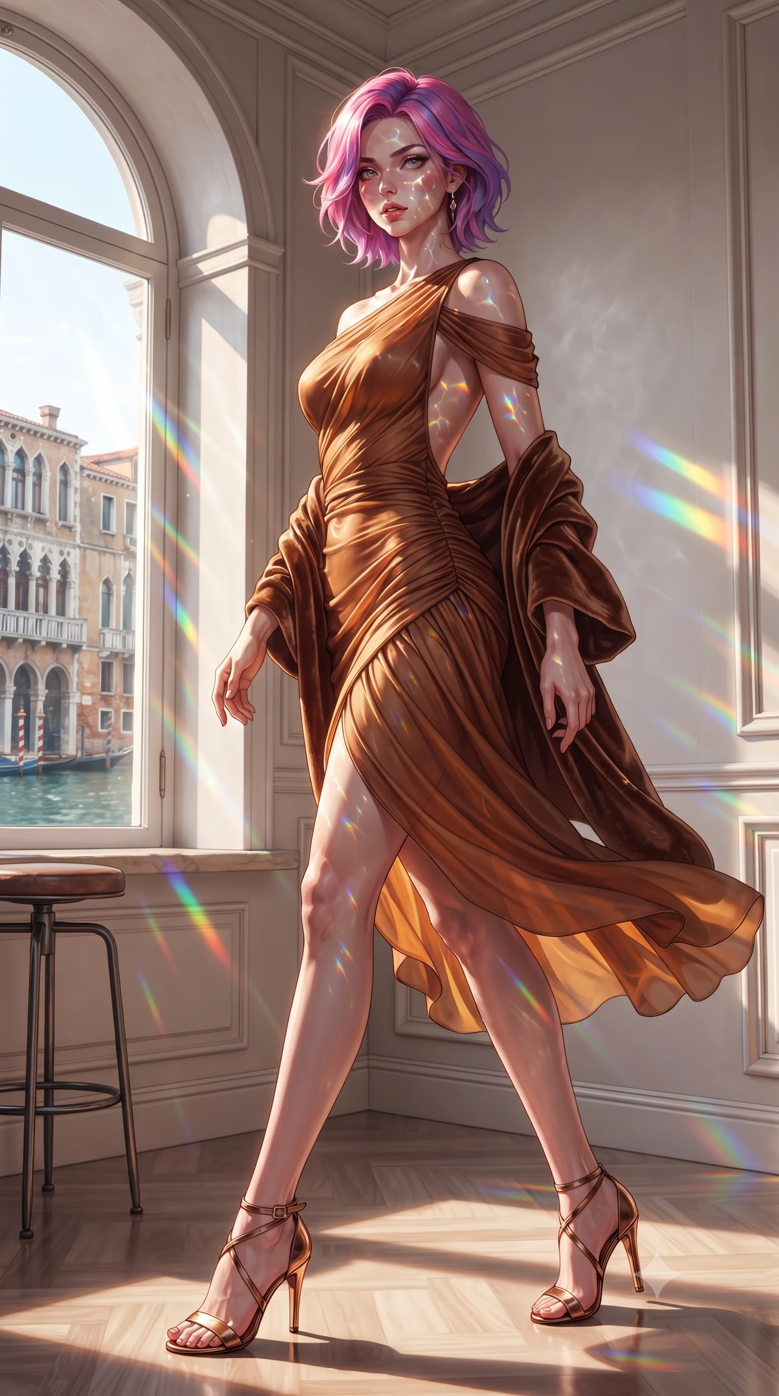 score_9, masterpiece, best quality, ultra-detailed, high-budget anime keyframe, editorial fashion photography, tasteful artistic composition, Caucasian woman. low angle full-body shot from head to toe showing her feet, filling the entire 9:16 vertical frame with her statuesque presence, stretching her vertical silhouette. striding forward in a proud supermodel runway stride, hips swaying in an alluring kinetic rhythm that accentuates her curvy hourglass silhouette while perching on a wrought-iron stool beside an arched canal-facing window, hips cocked back as water reflections dance across her silhouette. The surrounding environment is rendered in vivid detail and crisp panoramic clarity. detailed metallic silk dress sheen, prism glass sparkle points on skin, and canal reflection clarity in high resolution. She has an exceptionally tall and slender model-like 8.5-heads proportion, an ultra-slim waist, a flat toned midriff, narrow delicate ribcage, and beautifully sculpted feminine hips creating a graceful, slim hourglass silhouette without any bulky heaviness, with impossibly long slender legs. sharp v-shaped jawline, high-bridge nose, intricate jewel-like eyes with depth, thick eyelashes, glossy parted lips with a natural sheen, intensely captivating and seductive bedroom-eyes expression, flawlessly proportioned anatomical accuracy, strict slender model proportions, natural body alignment, perfectly sculpted long slender limbs, ultra-slim waistline, clean dynamic posture without body distortion. wearing a form-contouring cocktail dress with an asymmetrical open shoulder and hip-defining ruching in rich copper bronze and warm amber, woven from layered gossamer chiffon with a weightless sweeping drape, complemented by a plush velvet shawl draped loosely over her elbows, the dramatically scooped open back descending to the base of her spine, accentuating her razor-sharp statuesque lines and slim hourglass silhouette. illuminated by dazzling rainbow crystal caustics sculpting her razor-sharp jawline, narrow waist, and curvy hips. ultra-reflective glossy finish, specular highlights, rich textural contrasts, high-contrast stereoscopic depth, volumetric dynamic lighting, 2k, ultra detail, master piece, 9:16 ratio