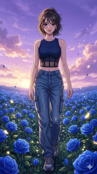 score_9, masterpiece, best quality, ultra-detailed, High-budget Anime Keyframe, beautiful Japanese anime girl. Upper body close-up from the thighs up, character filling the screen for maximum presence. Walking through a field of blue roses under a la