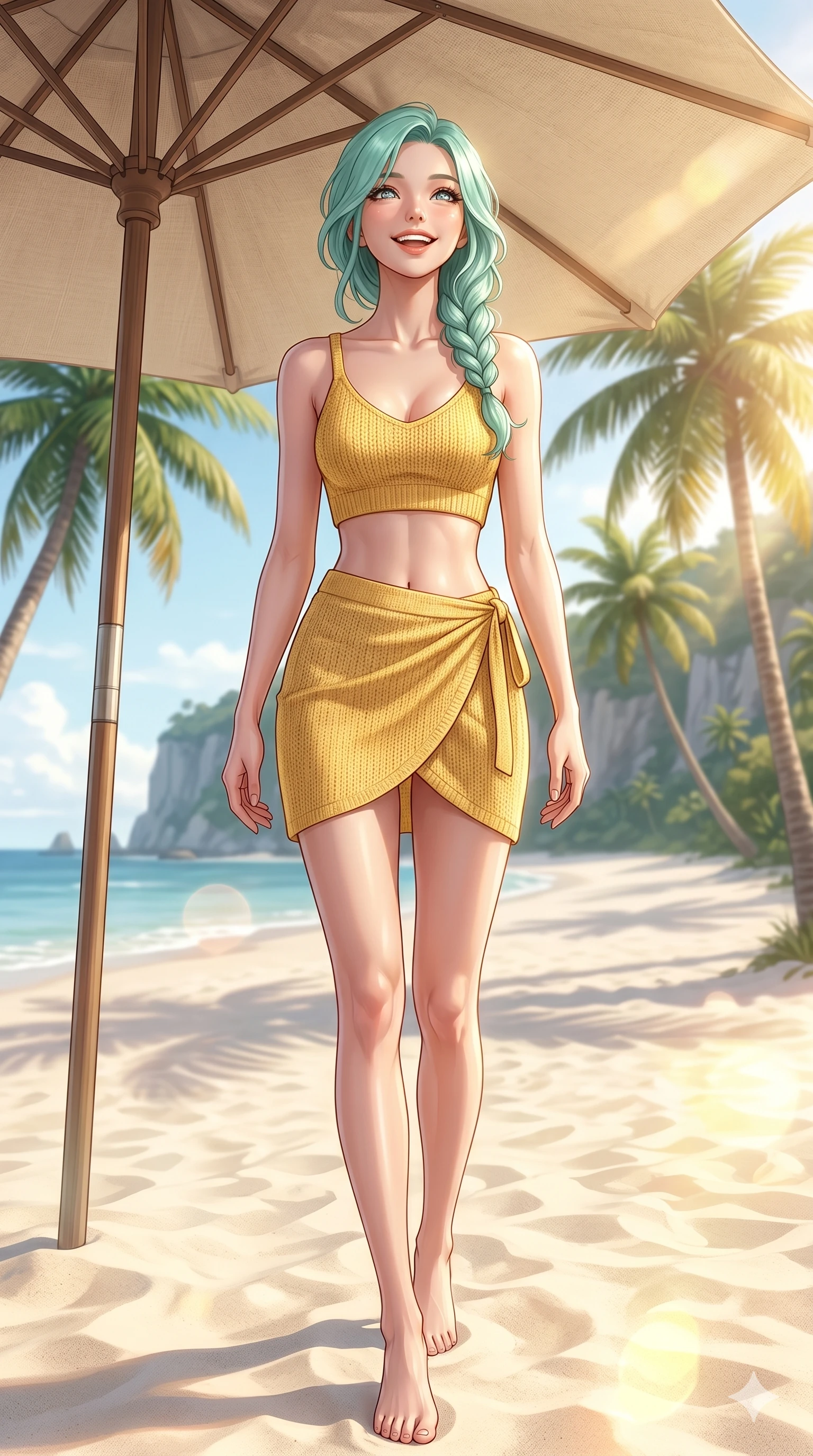 score_9, masterpiece, best quality, ultra-detailed, high-budget anime keyframe, editorial fashion photography, tasteful artistic composition, Japanese woman. cowboy shot from the thighs up, character and outfit filling the frame for maximum editorial presence. looking up with a happy, beaming expression, her eyes glowing with joy on a sandy beach under a large canvas umbrella. She has an absolutely perfect 8-heads proportion, an exceptionally tall and slender female figure with impossibly long slender legs and an ultra-slim waist. V-shaped jawline, high-bridge nose, intricate jewel-like eyes with depth, thick eyelashes, glossy lips with a natural sheen. wearing a yellow knit crop top showing her elegant clavicle lines, and a matching wrap skirt. drenched in warm afternoon sunbeams reflecting off the white sand, creating a bright glow. 2k, ultra detail, master piece, 9:16 ratio