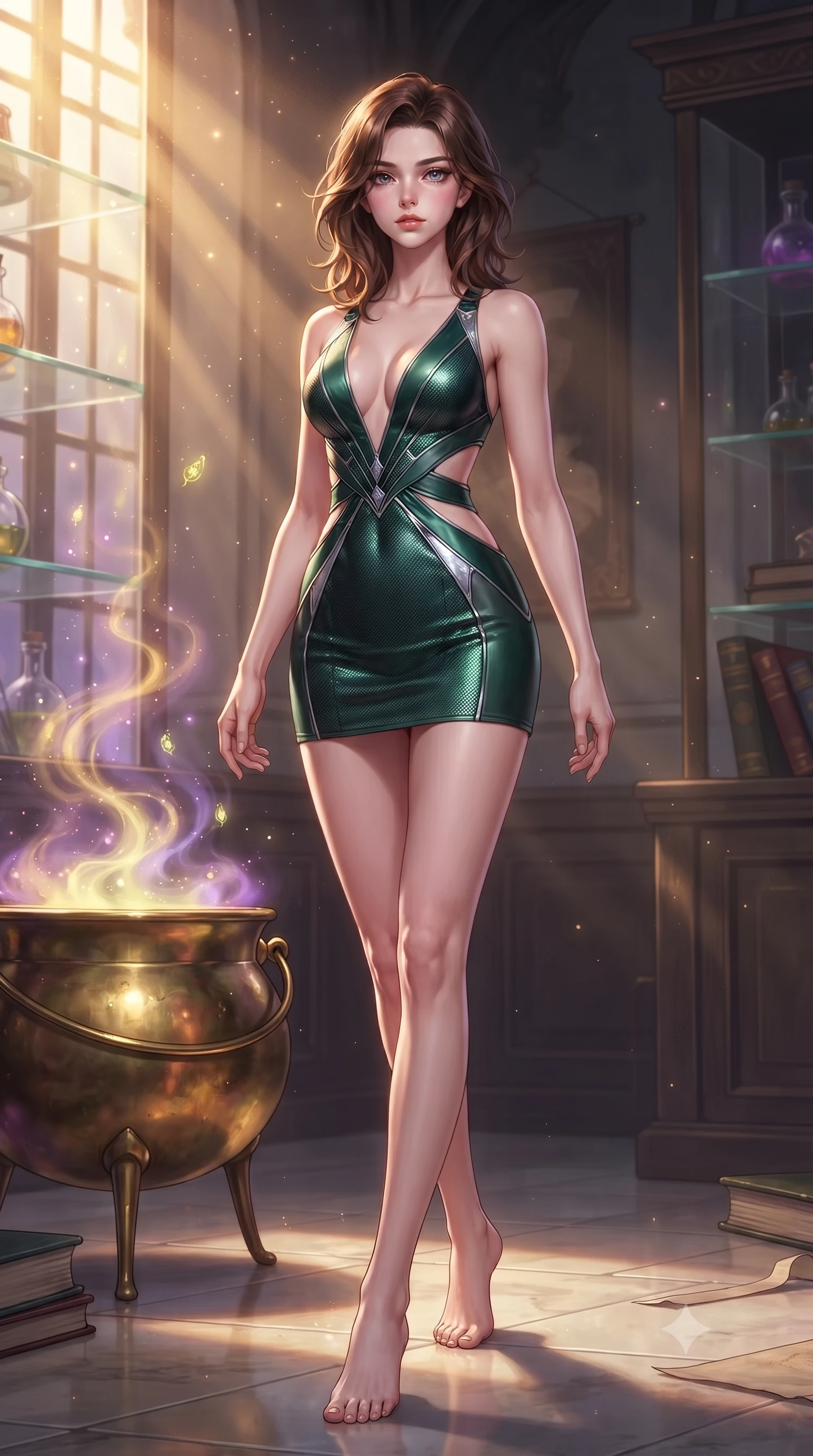 score_9, masterpiece, best quality, ultra-detailed, high-budget anime keyframe, editorial fashion photography, tasteful artistic composition, Korean woman. low angle full-body shot from head to toe showing her feet, filling the entire 9:16 vertical frame with her statuesque presence, stretching her vertical silhouette. stepping forward with proud posture, filling the vertical frame with her magnetic presence poised beside a brass potion cauldron emitting glowing golden and violet vapors, glowing herbal spores drifting in magical sunbeams filtering through glass. She has an absolutely perfect, statuesque 8.5-heads proportion, an exceptionally tall and slender model-like female figure with impossibly long slender legs and an ultra-slim waist. sharp v-shaped jawline, high-bridge nose, intricate jewel-like eyes with depth, thick eyelashes, glossy lips with a natural sheen. wearing a liquid mercury gloss mini dress with ultra-deep V-neck and waist cutouts in deep emerald green and silver accent, made of fine carbon-fiber weave and soft matte leather, complemented by criss-cross back straps highlighting her bare shoulders, the elegant draped fit framing her graceful clavicle and slender torso. bathed in warm golden sunlight and soft violet magical inner glow. highly saturated vibrant anime colors, detailed shading with soft gradients, rich glossy textures, high-contrast stereoscopic depth, volumetric dynamic lighting, master piece, 9:16 ratio