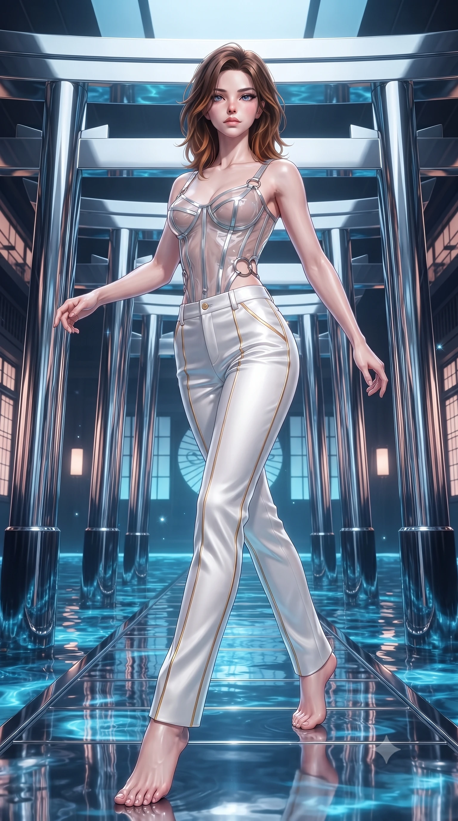 score_9, masterpiece, best quality, ultra-detailed, high-budget anime keyframe, editorial fashion photography, tasteful artistic composition, Korean woman. low angle full-body shot from head to toe showing her feet, filling the entire 9:16 vertical frame with her statuesque presence, stretching her vertical silhouette. pivoting dynamically in mid-motion with a breathtakingly alluring posture, displaying her flawless model proportions, toned flat midriff, and ultra-slim waist while striding gracefully along a mirrored chrome torii gate arcade suspended above a digital water matrix. The surrounding environment is rendered in vivid detail and crisp panoramic clarity. vibrant contrast between traditional Japanese aesthetics and high-tech cybernetic design in panoramic precision. She has an absolutely perfect, statuesque 8.5-heads proportion, an exceptionally tall and slender model-like female figure with impossibly long slender legs, a toned flat midriff, and an ultra-slim waist. sharp v-shaped jawline, high-bridge nose, intricate jewel-like eyes with depth, thick eyelashes, glossy lips with a natural sheen, flawlessly proportioned anatomical accuracy, strict slender model proportions, natural body alignment, perfectly sculpted long slender limbs, ultra-slim waistline, clean dynamic posture without body distortion. wearing a structured translucent cyber-corset paired with tailored high-fashion satin trousers that sharply cinch her ultra-slim waist in pristine liquid pearl white and radiant solar gold trim, made of liquid jersey fabric that clings flawlessly to every contour of her build, detailed with polished silver rings connecting the daring side-waist cutouts, the liquid-tight tailored fabric emphasizing every curve of her tall, slender model proportions and sculptured silhouette during dynamic movement. illuminated by crisp specular highlights tracing her sculpted flat midriff, waist, and long slender legs. ultra-reflective glossy finish, specular highlights, dark metallic sheen, high-contrast stereoscopic depth, volumetric dynamic lighting, 2k, ultra detail, master piece, 9:16 ratio