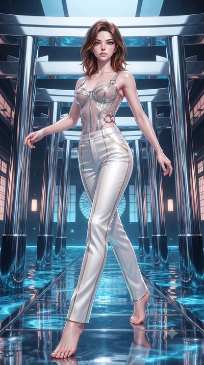 score_9, masterpiece, best quality, ultra-detailed, high-budget anime keyframe, editorial fashion photography, tasteful artistic composition, Korean woman. low angle full-body shot from head to toe showing her feet, filling the entire 9:16 vertical f