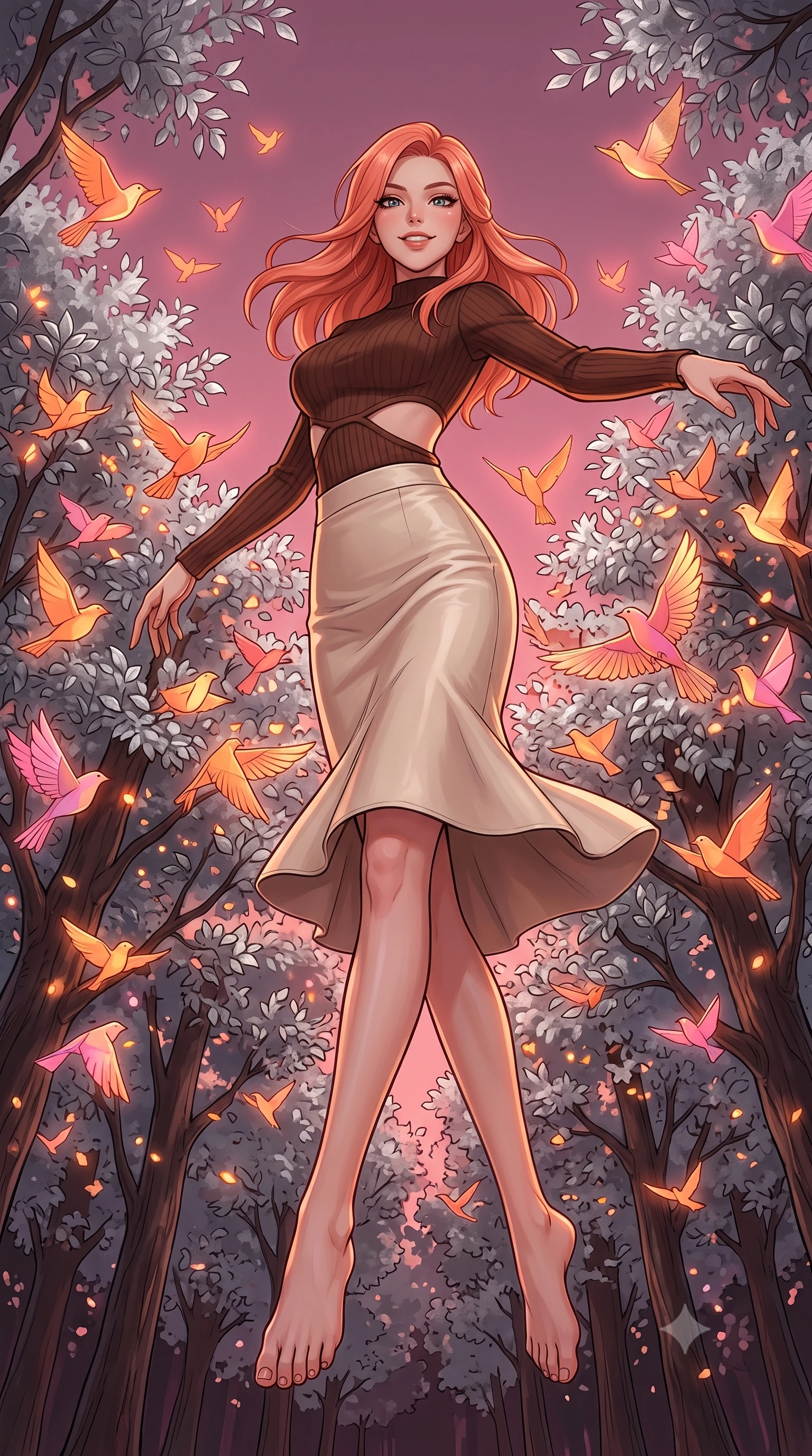 score_9, masterpiece, best quality, ultra-detailed, high-budget anime keyframe, editorial fashion photography, tasteful artistic composition, Japanese woman. low angle full-body shot from head to toe showing her feet, filling the entire 9:16 vertical frame with her statuesque presence, stretching her vertical silhouette. pirouetting mid-air with a playful grin inside in a forest clearing filled with silver-leaf trees where thousands of glowing paper birds nest and take flight into a pink evening sky. She has a statuesque 8.5-heads proportion, an exceptionally tall, slender and willowy model-like build with impossibly long legs and a highly sculpted ultra-slim waist. sharp v-shaped jawline, high-bridge nose, intricate jewel-like eyes with depth, thick eyelashes, glossy lips with a natural sheen. wearing a chocolate brown knit top with a subtle waist-cutout detailing, paired with a cream leather pencil skirt. warm orange and pink glow from the paper birds illuminating the silver leaves and casting a warm cozy light. 2k, ultra detail, master piece, 9:16 ratio