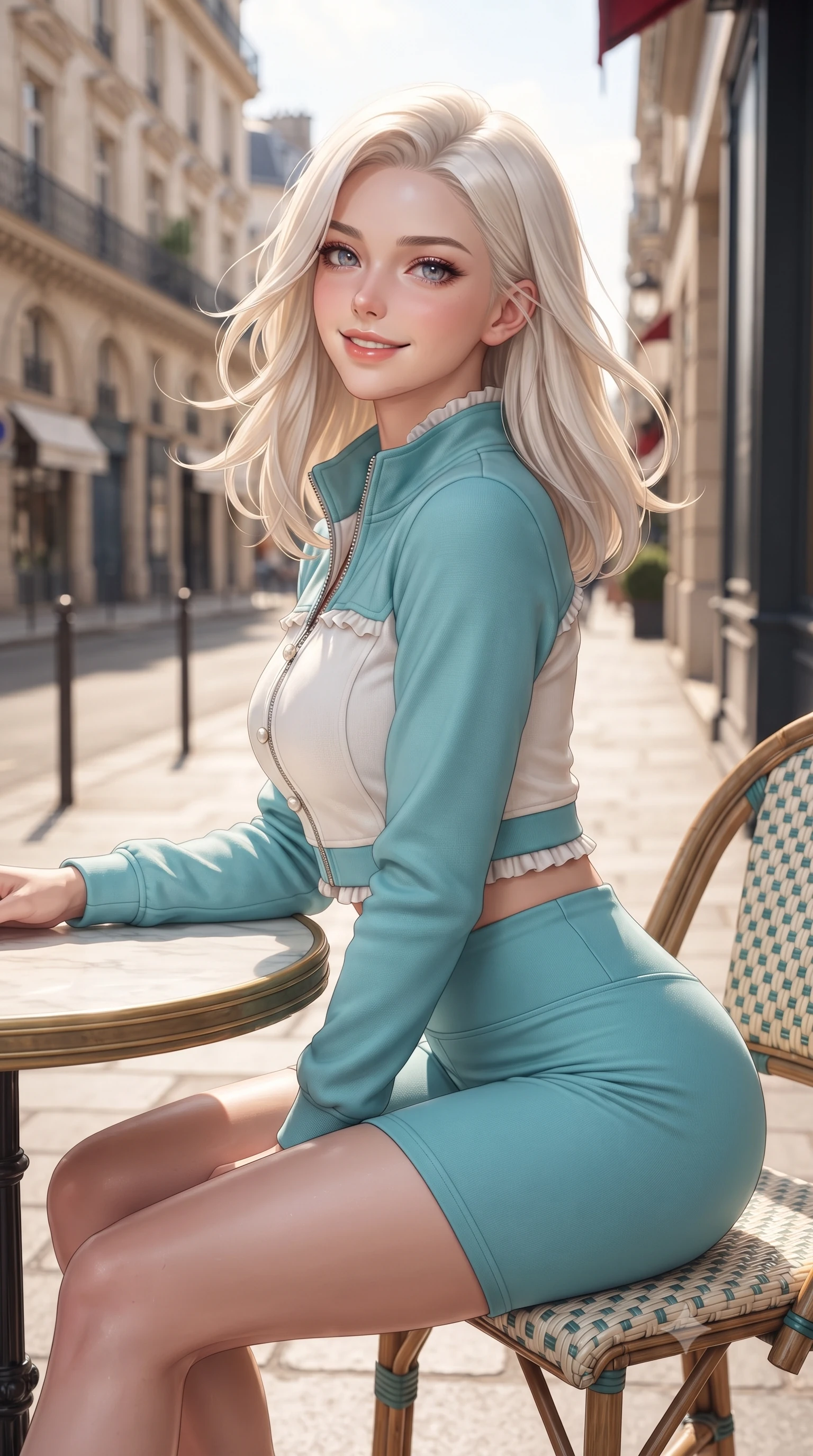score_9, masterpiece, best quality, ultra-detailed, high-budget anime keyframe, editorial fashion photography, tasteful artistic composition, Caucasian woman. close-up cowboy shot from the waist and thighs up, the character dominates the composition, filling the frame with her large presence. turning playfully with a bright confident smile, her glossy hair tossing in the breeze as her hips angle gracefully in a captivating contrapposto while sitting gracefully at a small round marble bistro table on the sidewalk, arching her lower back with a charming, sophisticated cute smile. The surrounding environment is rendered in vivid detail and crisp panoramic clarity. detailed tailored jacket and skirt texture, morning sun glints on skin, and Paris boulevard architecture in high clarity. She has an exceptionally elegant, slender, and willowy female figure with an ultra-slim waist, flat toned midriff, narrow ribcage, and sculpted feminine hips creating an alluring, slim hourglass silhouette without bulk. sharp v-shaped jawline, high-bridge nose, intricate jewel-like sparkling eyes with depth, thick eyelashes, glossy parted lips with a natural peach sheen, bright cheerful beaming smile with an enchanting and coquettish sensual glint, exuding both youthful cute charm and seductive allure, flawlessly proportioned anatomical accuracy, strict slender model proportions, natural body alignment, perfectly sculpted long slender limbs, ultra-slim waistline, clean dynamic posture without body distortion. wearing a sporty chic zip-up crop jacket paired with high-waisted biker shorts clinging to her athletic hips in ocean turquoise and sea-salt white, crafted from soft breathable linen with effortless natural drape, finished with subtle ruffle trims and delicate pearl buttons, the precision-cut side openings and low-back scoop framing her graceful spine and the sensual sweep of her slim, toned hips. illuminated by warm sidewalk bounce light contouring her sculpted cheekbones, ultra-slim waist, and curvy hips. ultra-reflective glossy finish, specular highlights, rich textural contrasts, high-contrast stereoscopic depth, volumetric dynamic lighting, 2k, ultra detail, master piece, 9:16 ratio