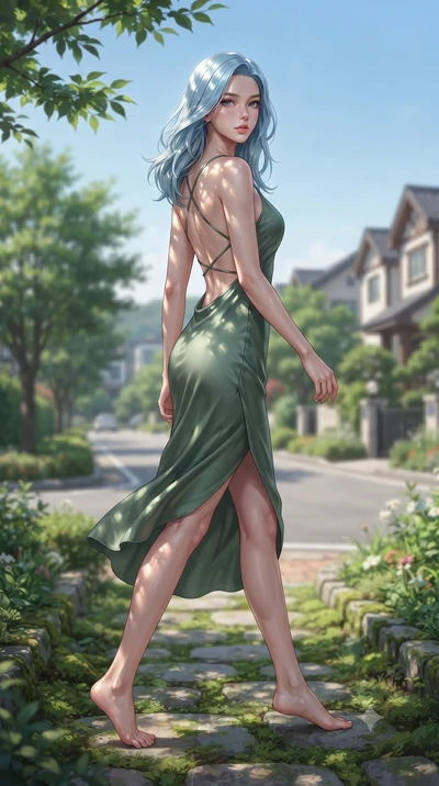 score_9, masterpiece, best quality, ultra-detailed, high-budget anime keyframe, editorial fashion photography, tasteful artistic composition, Korean woman woman. low angle full-body shot from head to toe showing her feet, filling the entire 9:16 vert