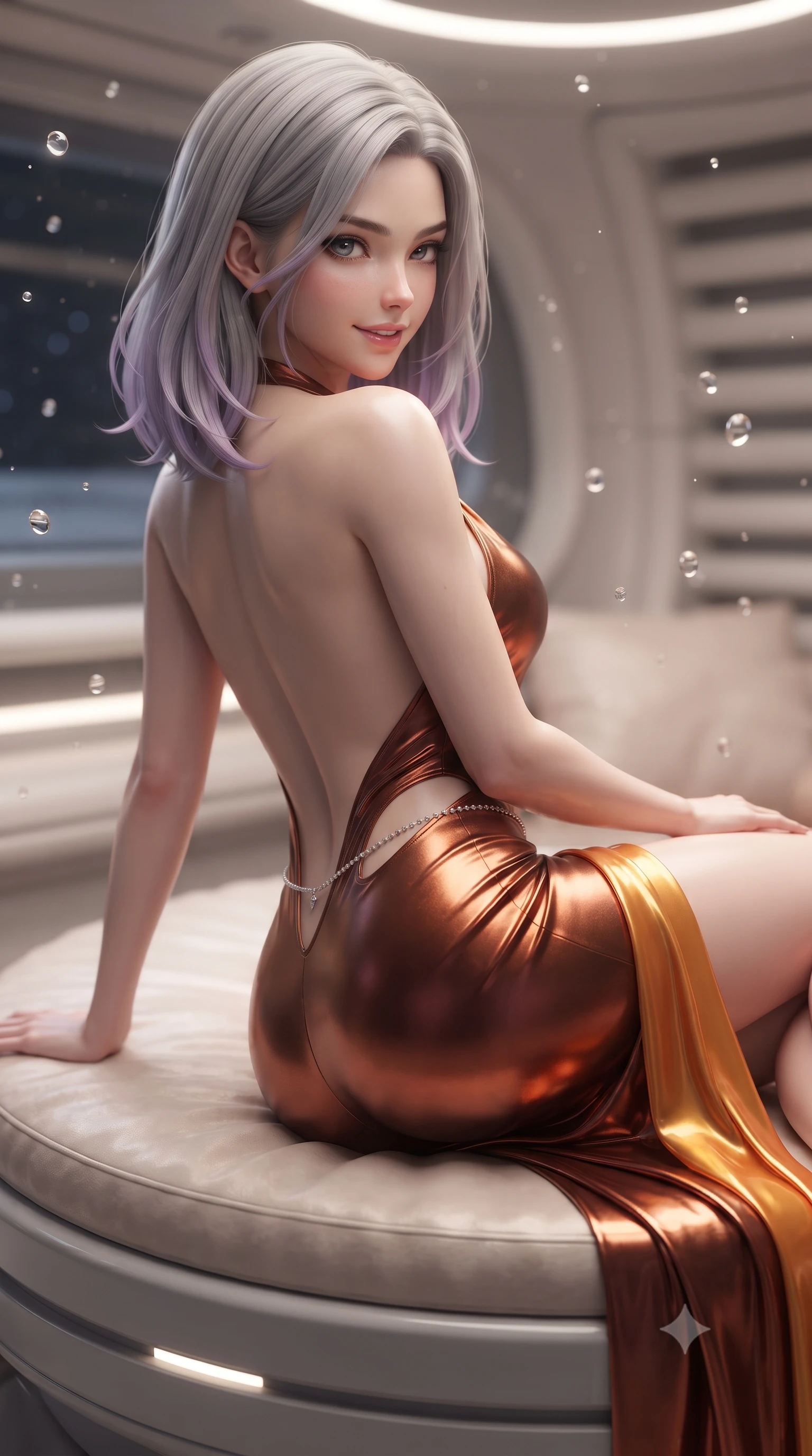 score_9, masterpiece, best quality, ultra-detailed, high-budget anime keyframe, editorial fashion photography, tasteful artistic composition, Caucasian woman. close-up cowboy shot from the waist and thighs up, the character dominates the composition, filling the frame with her large presence. turning over a bare shoulder with an intoxicating, teasing smile, her soft hair framing her sharp jawline as her hips angle gracefully while reclining languidly across a circular daybed with one knee drawn up, molten solar flares and deep space starlight tracing her curvy hips and flat midriff. The composition keeps background elements in soft focus with creamy bokeh. floating zero-gravity droplets and sleek yacht bulkhead ribs softened in glamorous sci-fi shallow focus. She has an exceptionally elegant, slender, and willowy female figure with an ultra-slim waist, flat toned midriff, narrow ribcage, and sculpted feminine hips creating an alluring, slim hourglass silhouette without bulk. sharp v-shaped jawline, high-bridge nose, intricate jewel-like eyes with depth, thick eyelashes, glossy parted lips with a natural sheen, intensely captivating and seductive bedroom-eyes expression, flawlessly proportioned anatomical accuracy, strict slender model proportions, natural body alignment, perfectly sculpted long slender limbs, ultra-slim waistline, clean dynamic posture without body distortion. wearing a plunging halter-neck metallic lamé column dress with a dramatic bare spine and hip-defining ruching in rich copper bronze and warm amber, tailored from second-skin aerodynamic stretch vinyl with specular wet sheen, accented with a dainty diamond waist chain catching the ambient light reflections, the precision-cut side openings and low-back scoop framing her graceful spine and the sensual sweep of her slim, toned hips. illuminated by cool starlight rim lighting defining her sculpted collarbones, ultra-slim waist, and curvy hips. ultra-reflective glossy finish, specular highlights, rich textural contrasts, high-contrast stereoscopic depth, volumetric dynamic lighting, 2k, ultra detail, master piece, 9:16 ratio