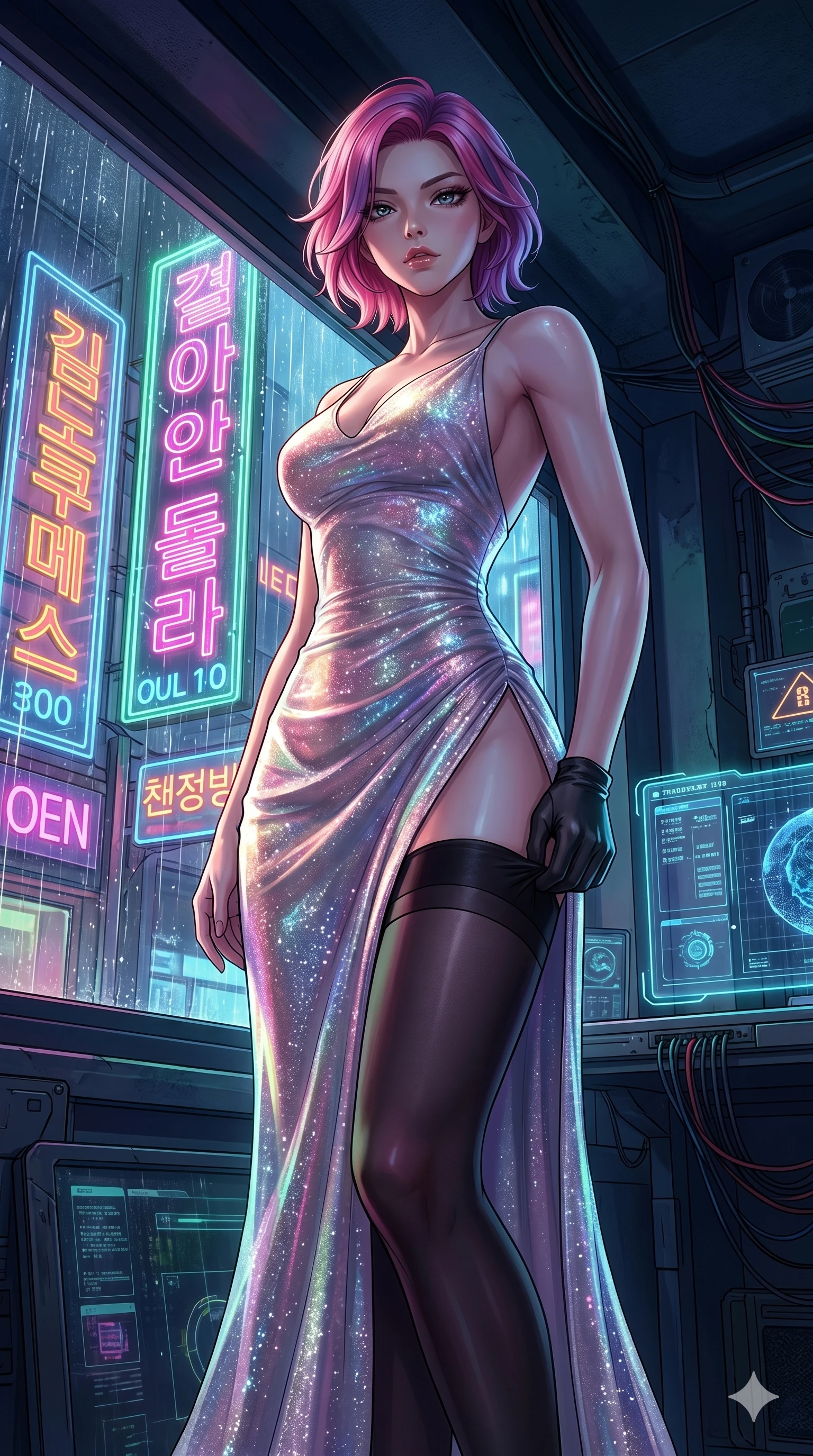 score_9, masterpiece, best quality, ultra-detailed, High-budget Anime Keyframe, East Asian woman. Low angle cowboy shot filling the entire 9:16 frame with her statuesque presence. Scenario 167: Adjusting her thigh-high stocking by a glowing neon window. Her presence is magnetic and overpowering in this high-budget anime scene. Outfit 167: A shimmering chiffon long with a thigh-high slit and tight-fitting silhouette. The clothing is designed to emphasize her exceptionally tall and slender 8-heads proportion. 8-heads proportion, towering silhouette, ultra-slim waist. sharp v-shaped jawline, intricate jewel-like eyes with depth, thick eyelashes, glossy lips. 2k, ultra detail, master piece, 9:16 ratio