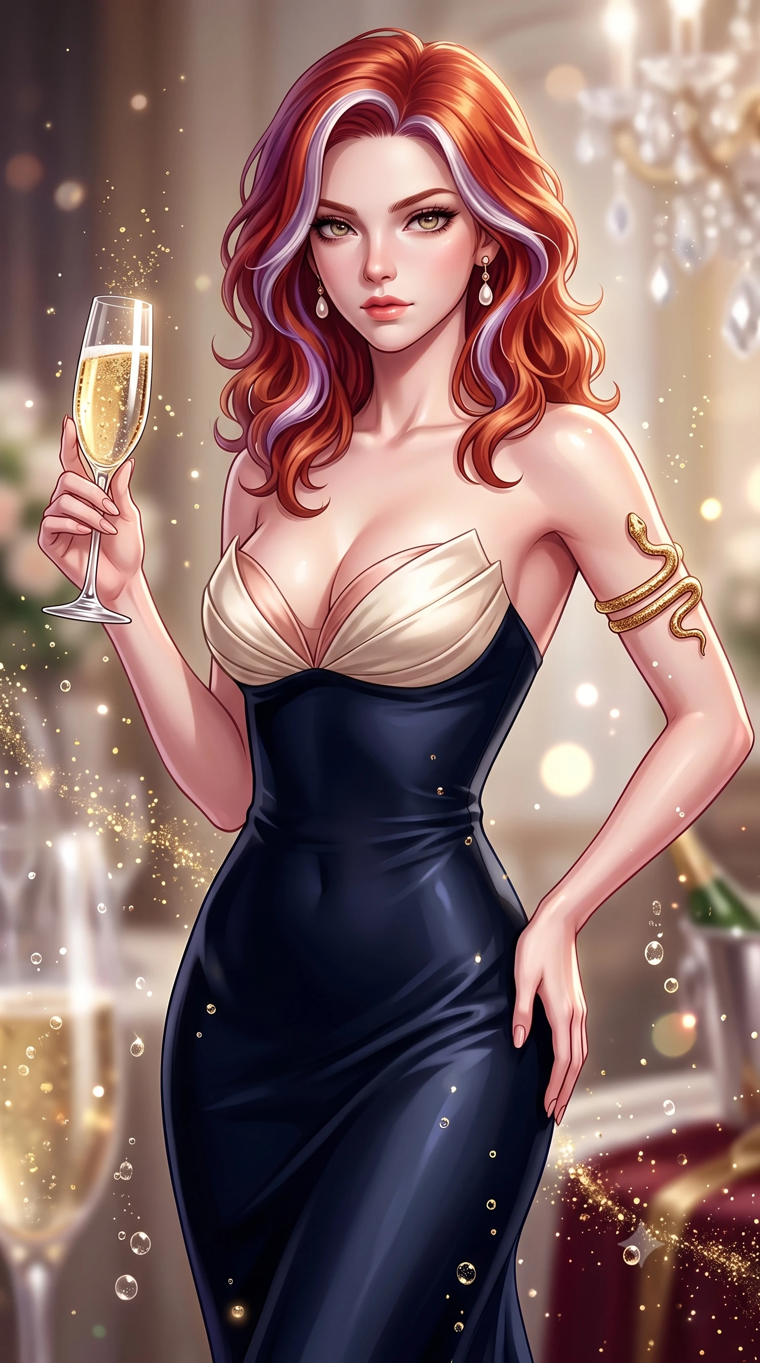 score_9, masterpiece, best quality, ultra-detailed, high-budget anime keyframe, semi-realistic 3D game render, editorial fashion photography, tasteful artistic composition, Caucasian woman. close-up cowboy shot from the waist and thighs up, the character dominates the composition, filling the frame with her large presence. turning over her shoulder with an indomitable, smoldering gaze, her soft hair framing her razor-sharp v-shaped jawline while holding a crystal flute of sparkling champagne with delicate poise, her jewel-like eyes locked onto the viewer. The composition keeps background elements in soft focus with creamy bokeh. sparkling champagne bubbles and gold glitter dust scattering soft luminous light motes. She has an exceptionally elegant, slender, and willowy female figure with an ultra-slim waist, a gracefully sculpted slender torso, toned flat midriff, and a refined slim silhouette. sharp v-shaped jawline, high-bridge nose, intricate jewel-like eyes with depth, thick eyelashes, glossy lips with a natural sheen, captivating and magnetic expression, flawlessly proportioned anatomical accuracy, strict slender model proportions, natural body alignment, perfectly sculpted long slender limbs, ultra-slim waistline, clean dynamic posture without body distortion. wearing a midnight silk crepe mermaid gown featuring an architectural strapless neckline in champagne ivory and delicate rose gold, tailored from liquid silk jersey adhering flawlessly to her slender build, accented with a sculptured gold serpent armlet and pearl drop earrings, the breezy yet form-flattering drape swaying gracefully with her steps, accentuating her long willowy limbs and slim waistline. surrounded by a glamorous, exclusive, and breathtakingly captivating billionaire heiress aura. highly saturated vibrant anime colors, detailed shading with soft gradients, rich glossy textures, high-contrast stereoscopic depth, volumetric dynamic lighting, master piece, 9:16 ratio
