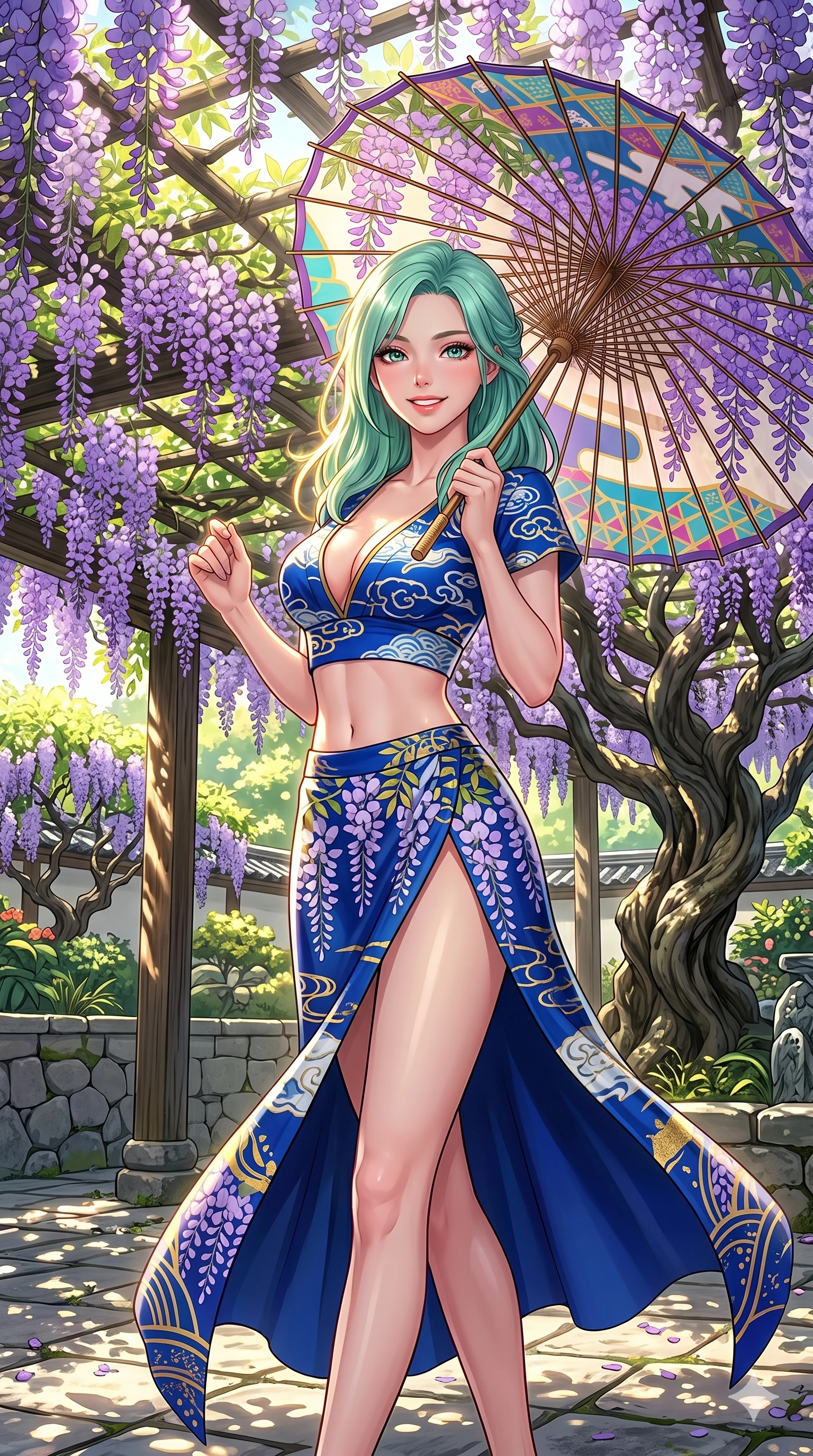 score_9, masterpiece, best quality, ultra-detailed, high-budget anime keyframe, vibrant anime aesthetic, Japanese woman. cowboy shot from the thighs up, character and outfit filling the frame for maximum presence. She is holding a parasol with a bright, charming smile, looking directly at the lens standing under wisteria in a garden courtyard (Code-P20-093). She has an absolutely perfect 8-heads proportion, an exceptionally tall and slender female figure with impossibly long slender legs and an ultra-slim waist. V-shaped jawline, high-bridge nose, intricate jewel-like eyes with depth, thick eyelashes, glossy lips with a natural sheen. wearing a plunging neckline top with exposed waist and high-slit skirt. She is bathed in brilliant, high-contrast sunlight with a single golden line tracing her profile. 2k, ultra detail, master piece, 9:16 ratio