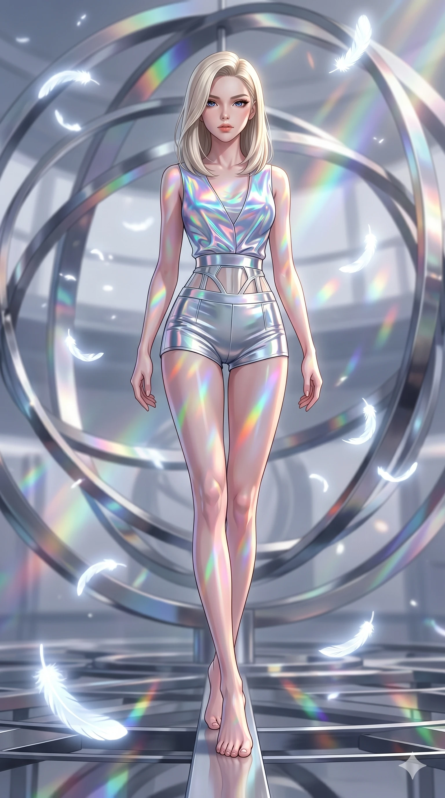 score_9, masterpiece, best quality, ultra-detailed, high-budget anime keyframe, editorial fashion photography, tasteful artistic composition, Caucasian woman, strictly human ears. low angle full-body shot from head to toe showing her feet, filling the entire 9:16 vertical frame with her statuesque presence, stretching her vertical silhouette. balancing carefully on inside a kinetic sculpture museum with massive moving metal rings as soft white feathers made of light drift gently around her. She has an absolutely perfect 8-heads proportion, an exceptionally tall and slender female figure with impossibly long slender legs and an ultra-slim waist. V-shaped jawline, high-bridge nose, intricate jewel-like eyes with depth, thick eyelashes, glossy lips with a natural sheen.. wearing a holographic liquid silk vest and silver metallic high-waist fitted shorts, featuring a architectural waist window detail and form-fitting silhouette. illuminated by an ethereal prismatic light source that casts rainbow patterns on her skin and clothing. 2k, ultra detail, master piece, 9:16 ratio
