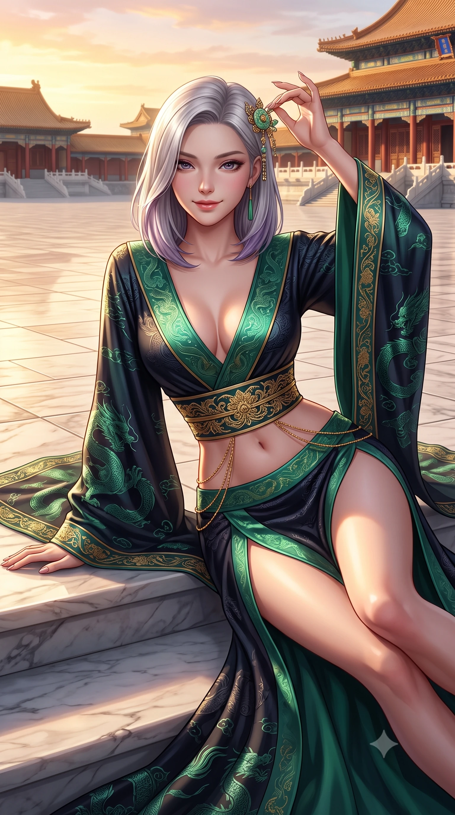 score_9, masterpiece, best quality, ultra-detailed, high-budget anime keyframe, semi-realistic 3D game render, editorial fashion photography, tasteful artistic composition, Caucasian woman. close-up cowboy shot from the waist and thighs up, the character dominates the composition, filling the frame with her large presence. tilting her head with an alluring smile while arching her spine with dancer poise, one hand touching her ornate jade hairpin in a flirtatious S-curve while lounging gracefully on the wide marble terrace steps with legs extended, her tailored high-slit gown commanding the monumental historic plaza. The surrounding environment is rendered in vivid detail and crisp panoramic clarity: detailed gold-threaded silk gown sheen, jewelry gleam, and classical Chinese imperial architecture in high resolution. She has an exceptionally elegant, slender, and willowy female figure with an ultra-slim waist, flat toned midriff, narrow ribcage, and sculpted feminine hips creating an alluring, slim hourglass silhouette without bulk. sharp v-shaped jawline, high-bridge nose, intricate jewel-like dark sparkling almond eyes with depth, thick lashes, glossy parted lips with a natural rose-plum sheen, bright alluring and coquettish smile with bedroom-eyes, exuding both timeless oriental elegance and sovereign high-fashion allure, flawlessly proportioned anatomical accuracy, strict slender model proportions, natural body alignment, perfectly sculpted long slender limbs, ultra-slim waistline, clean dynamic posture without body distortion. wearing a deep plunging-V modern kimono gown with wide flowing sleeves and a waist-cinching gold embroidered sash in deep midnight obsidian and luminous imperial jade green, made of rich jacquard silk with intricate embossed dragon and cloud motifs, accented with a delicate gold body chain draping loosely across her flat midriff, the form-fitting tailored bodice adhering flawlessly to her sculpted flat midriff and slender torso, emphasizing her long leg lines and perfectly proportioned willowy build. bathed in dramatic twilight golden hour light streaming horizontally across the vast marble plaza. highly saturated vibrant anime colors, detailed shading with soft gradients, rich glossy textures, high-contrast stereoscopic depth, volumetric dynamic lighting, master piece, 9:16 ratio