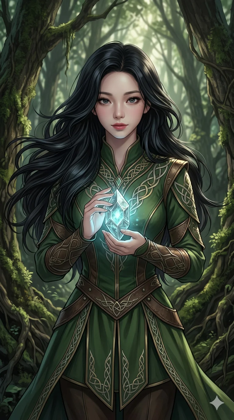 score_9, score_8_up, score_7_up, source_anime, masterpiece, best quality, ultra-detailed, same character with long flowing black hair, wearing a green elven ranger tunic, upper body close-up from thigh up filling the screen, holding a small glowing crystal artifact close to her chest looking mysterious, shadowy forest background, 2k, 9:16 ratio
