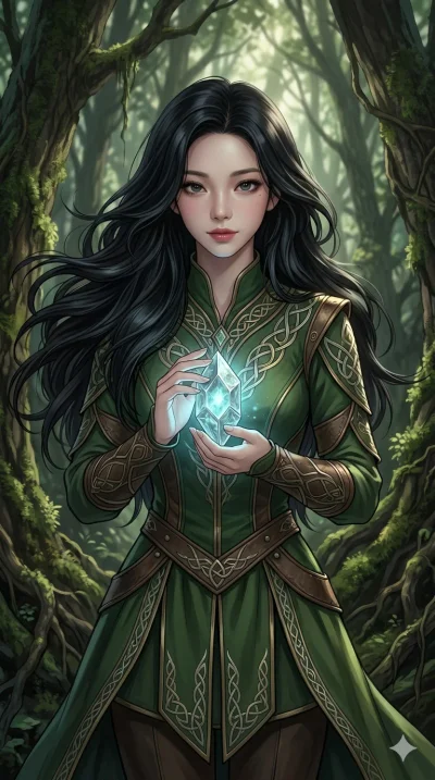 score_9, score_8_up, score_7_up, source_anime, masterpiece, best quality, ultra-detailed, same character with long flowing black hair, wearing a green elven ranger tunic, upper body close-up from thigh up filling the screen, holding a small glowing c