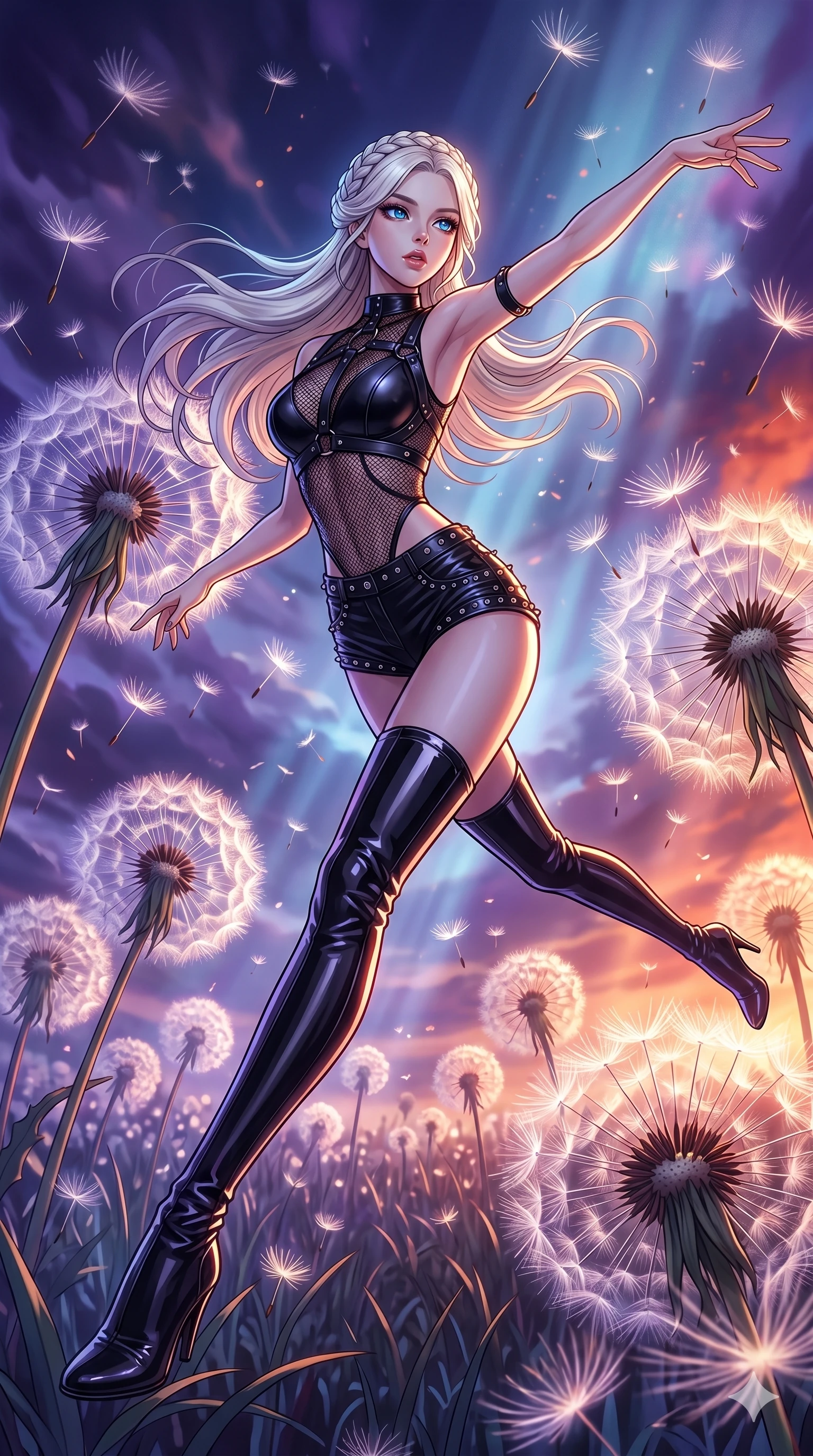 score_9, masterpiece, best quality, ultra-detailed, high-budget anime movie keyframe, cinematic anime lighting, intricate line art, Korean anime girl. Dynamic full-body shot stretching the vertical silhouette with extreme perspective. twisting through a field of giant dandelions, their seeds floating away. She has an absolutely perfect 8-heads proportion, an exceptionally tall and slender female figure with an ultra-slim waist and impossibly long slender legs. strictly human anatomy, two legs only, no extra limbs, clearly defined legs and arms, perfect anatomy, perfect hands and fingers. sharp v-shaped jawline, high-bridge nose, intricate jewel-like eyes, thick eyelashes, glossy lips. Wearing K-Idol Stage: Leather harness over mesh, high-cut bodysuit, studded micro-shorts, and thigh-high patent boots. The scene is illuminated by dramatic atmospheric lighting and vibrant color palettes. , 2k, ultra detail, master piece, 9:16 ratio